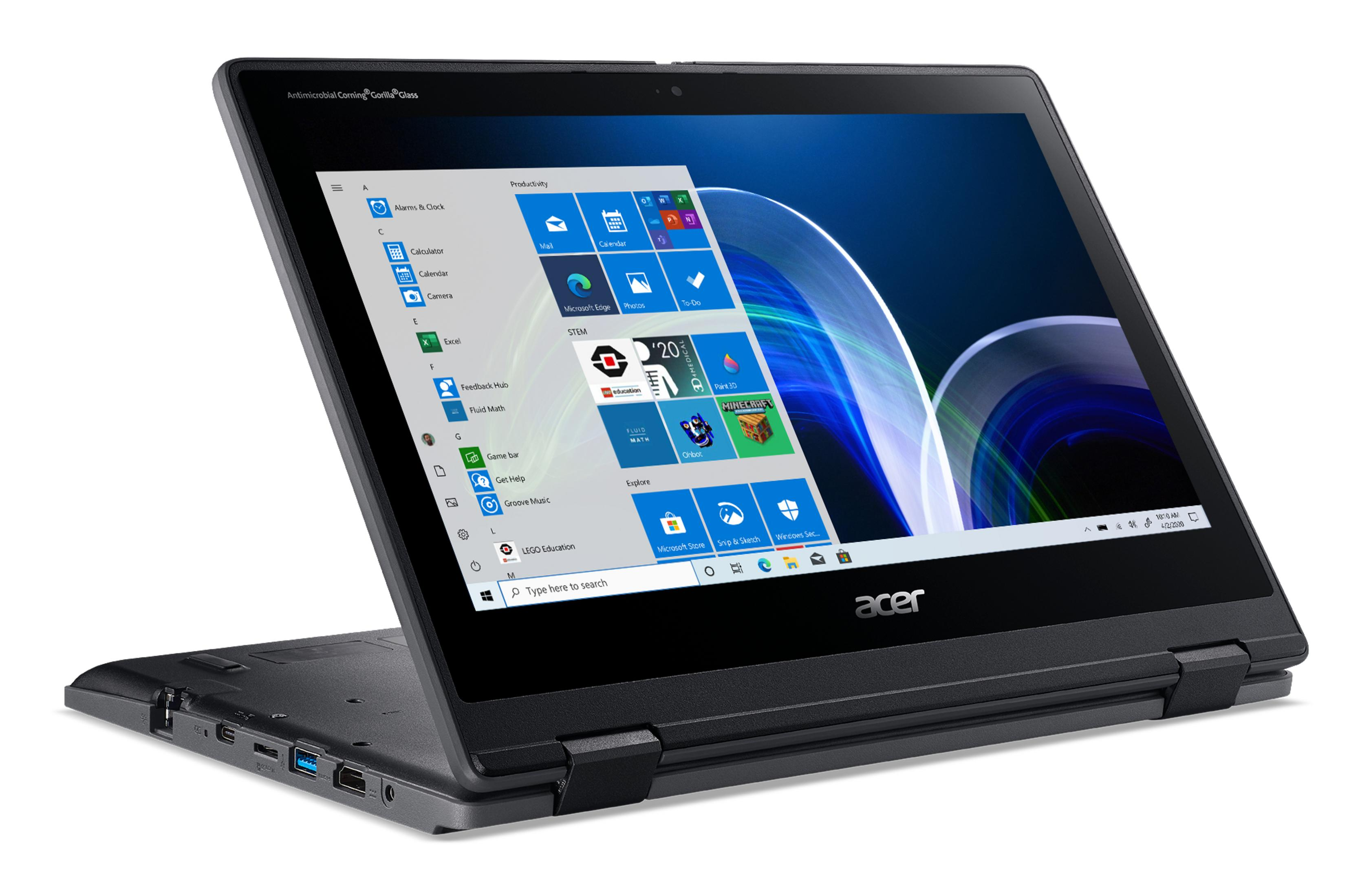 Ein schwarzer Acer-Laptop ist geöffnet und zeigt den Windows 10 Startbildschirm auf weißem Hintergrund.