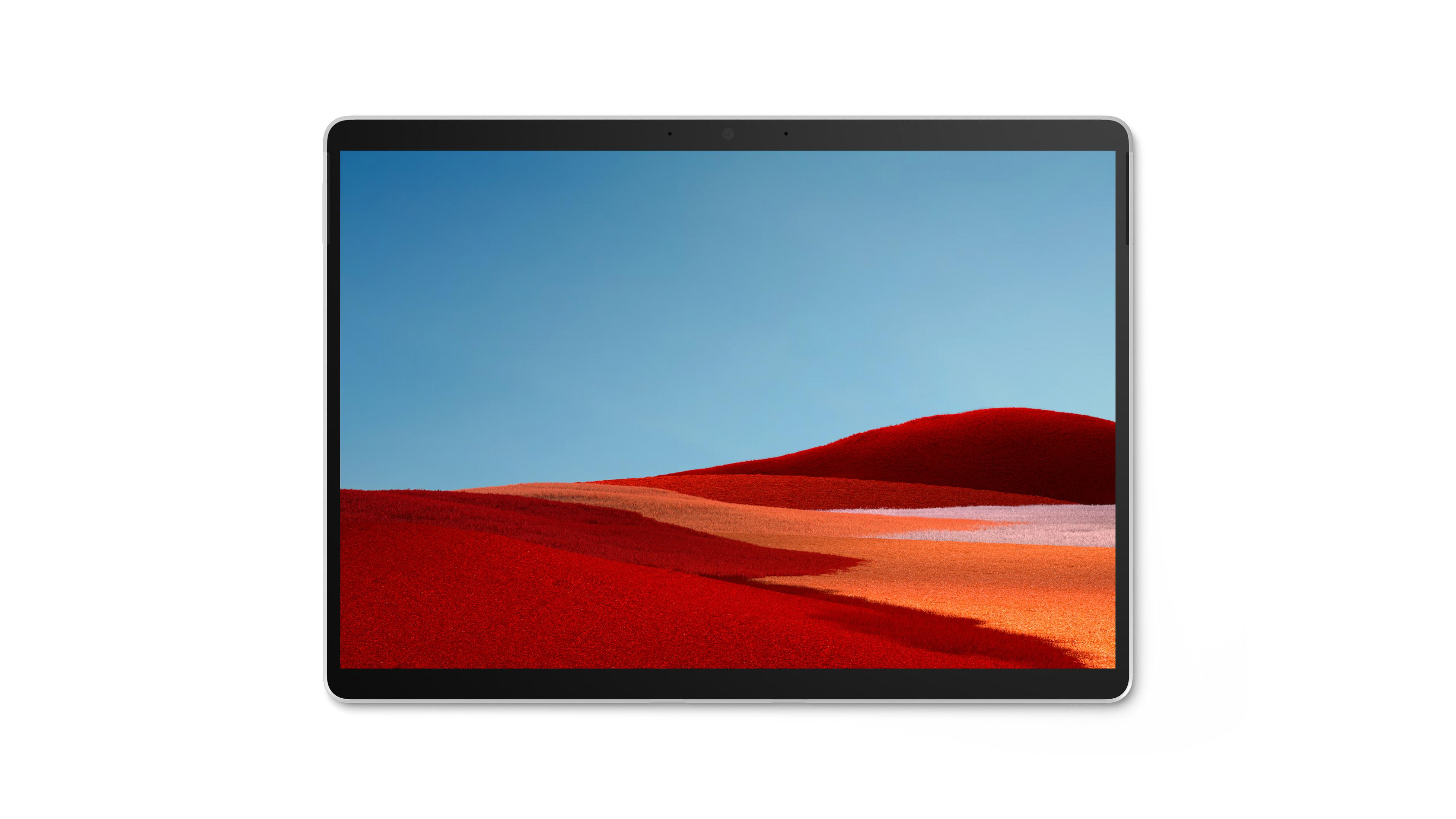 Tablet mit einem Bildschirm, der eine rote und blaue Landschaft zeigt.