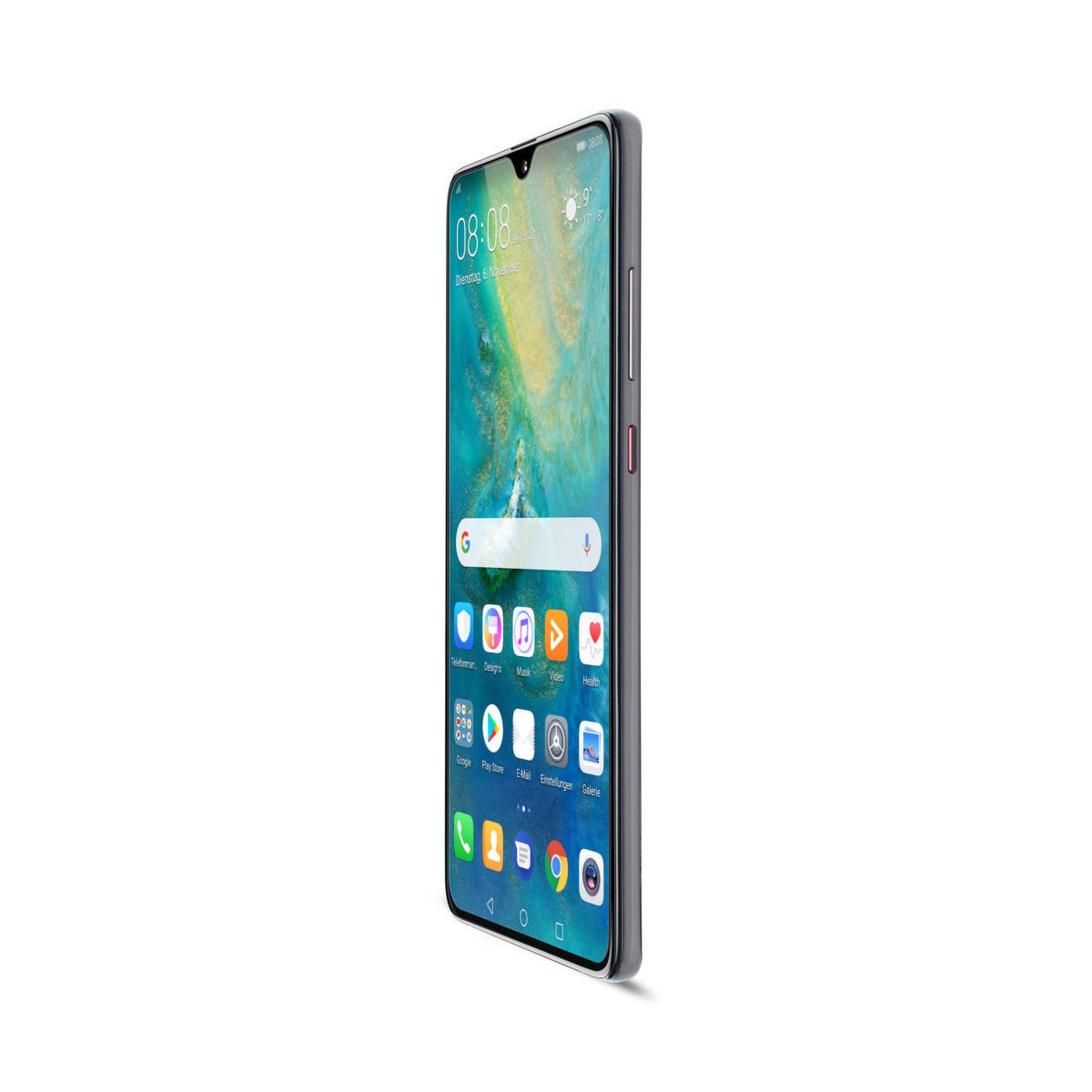 Smartphone Huawei, nero, vista angolata, schermo con icone.