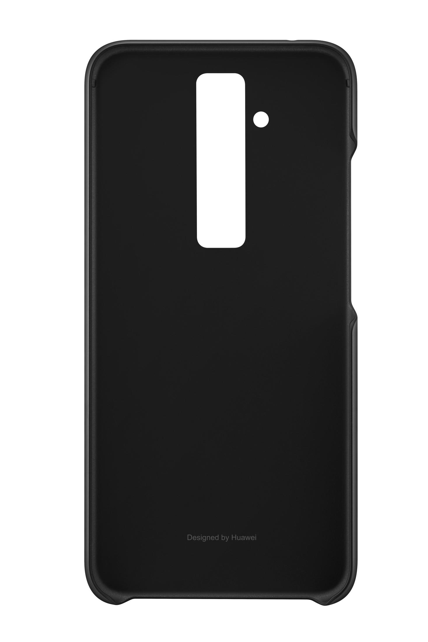 Schwarze Handyhülle mit Aussparungen für Kamera und Logo. Text: 'Designed by Huawei'.