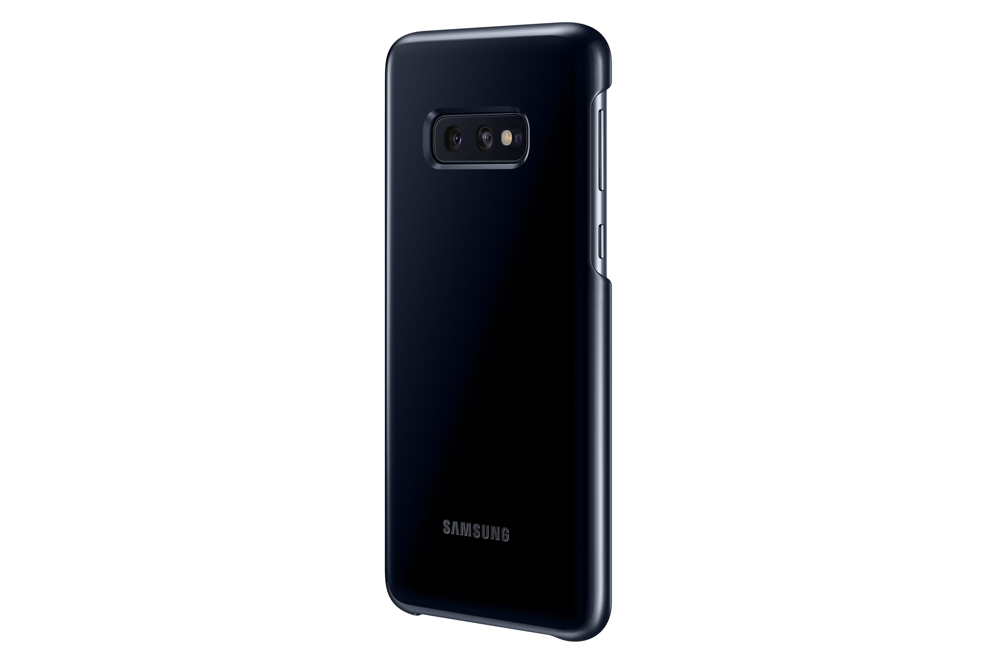 Una funda negra para teléfono Samsung, vista lateralmente, sobre un fondo blanco.