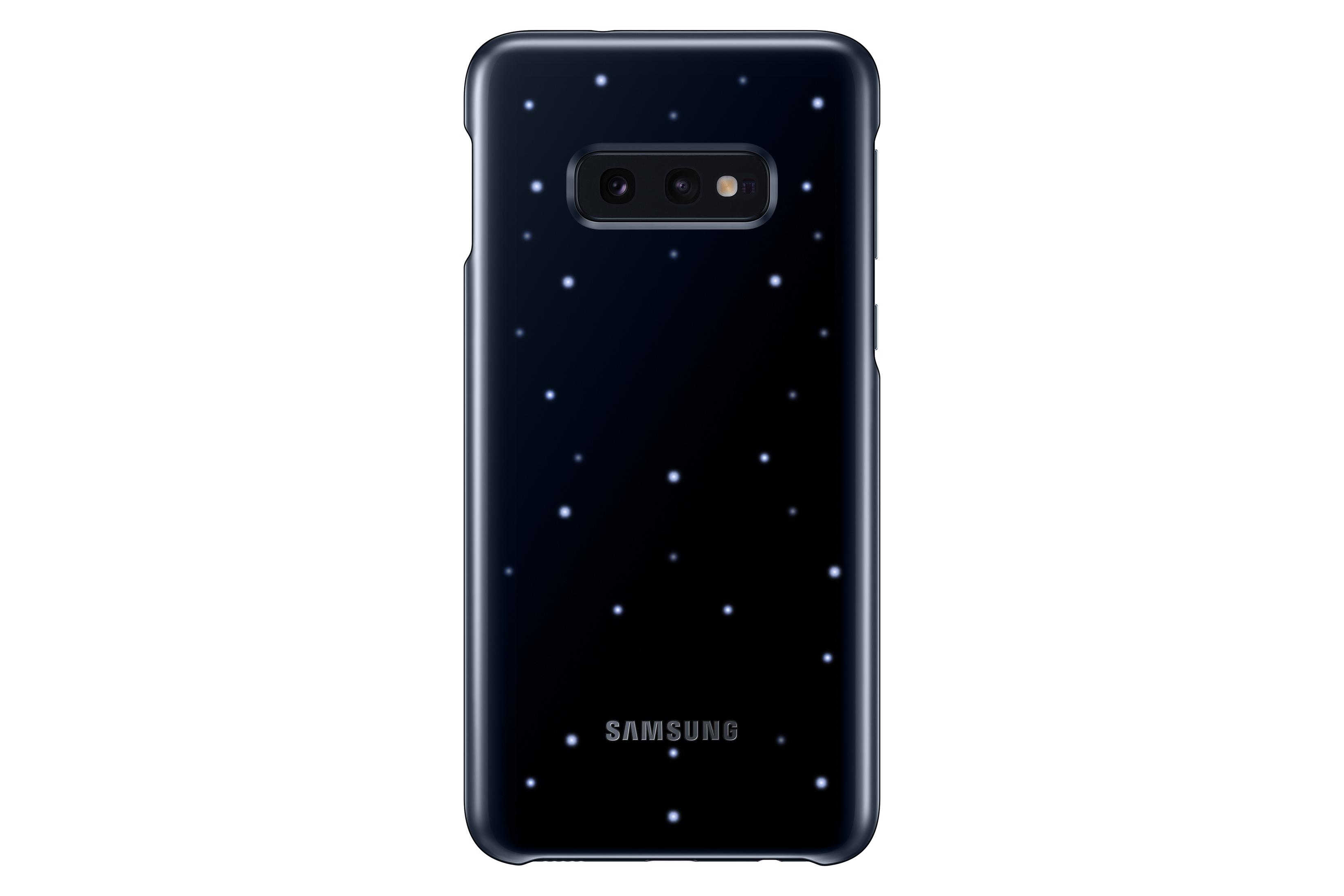 Funda de teléfono negra con patrón de estrellas blancas y el logo de Samsung.