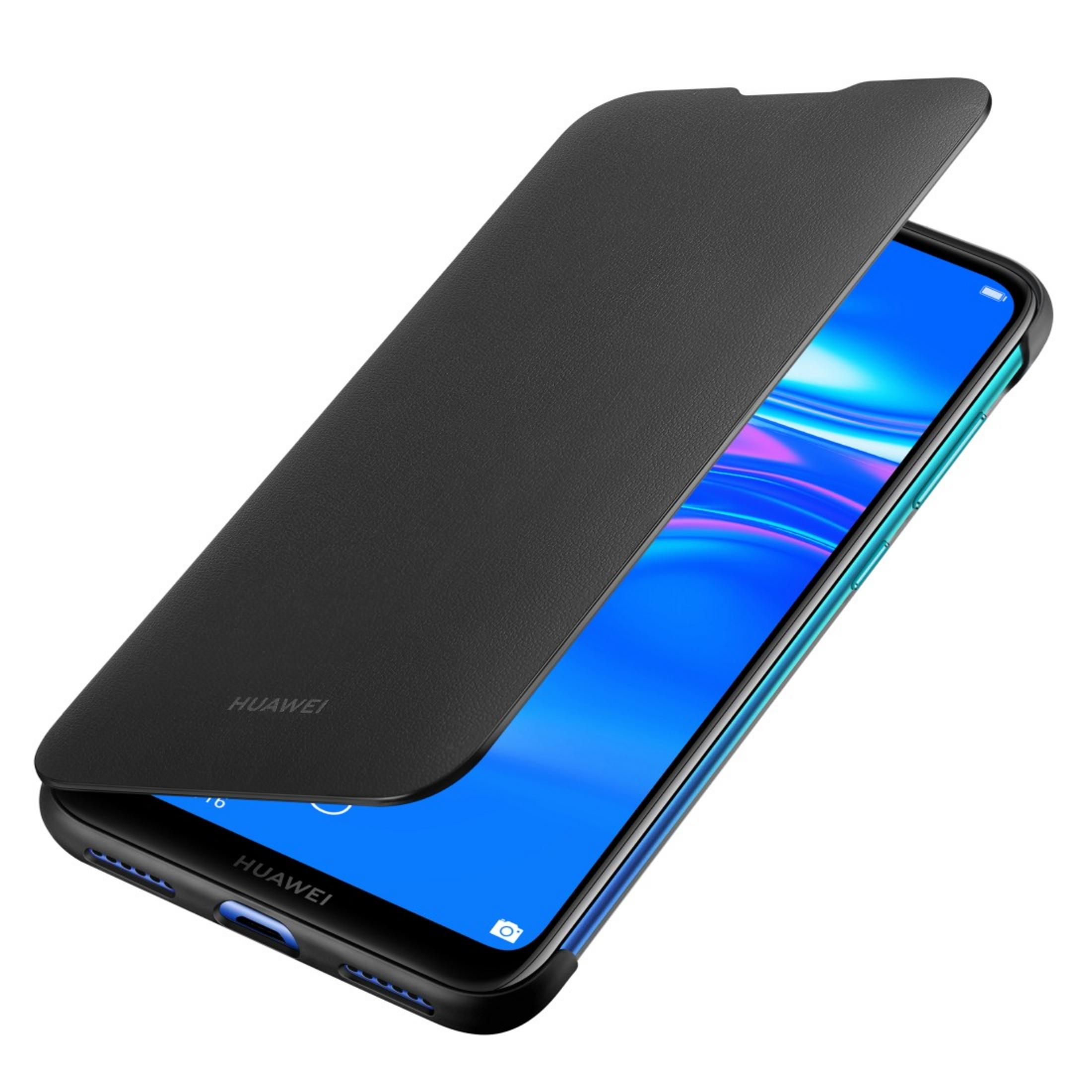 Czarny telefon z czarnym etui, częściowo otwarty, aby odsłonić niebieski ekran. Marka HUAWEI.