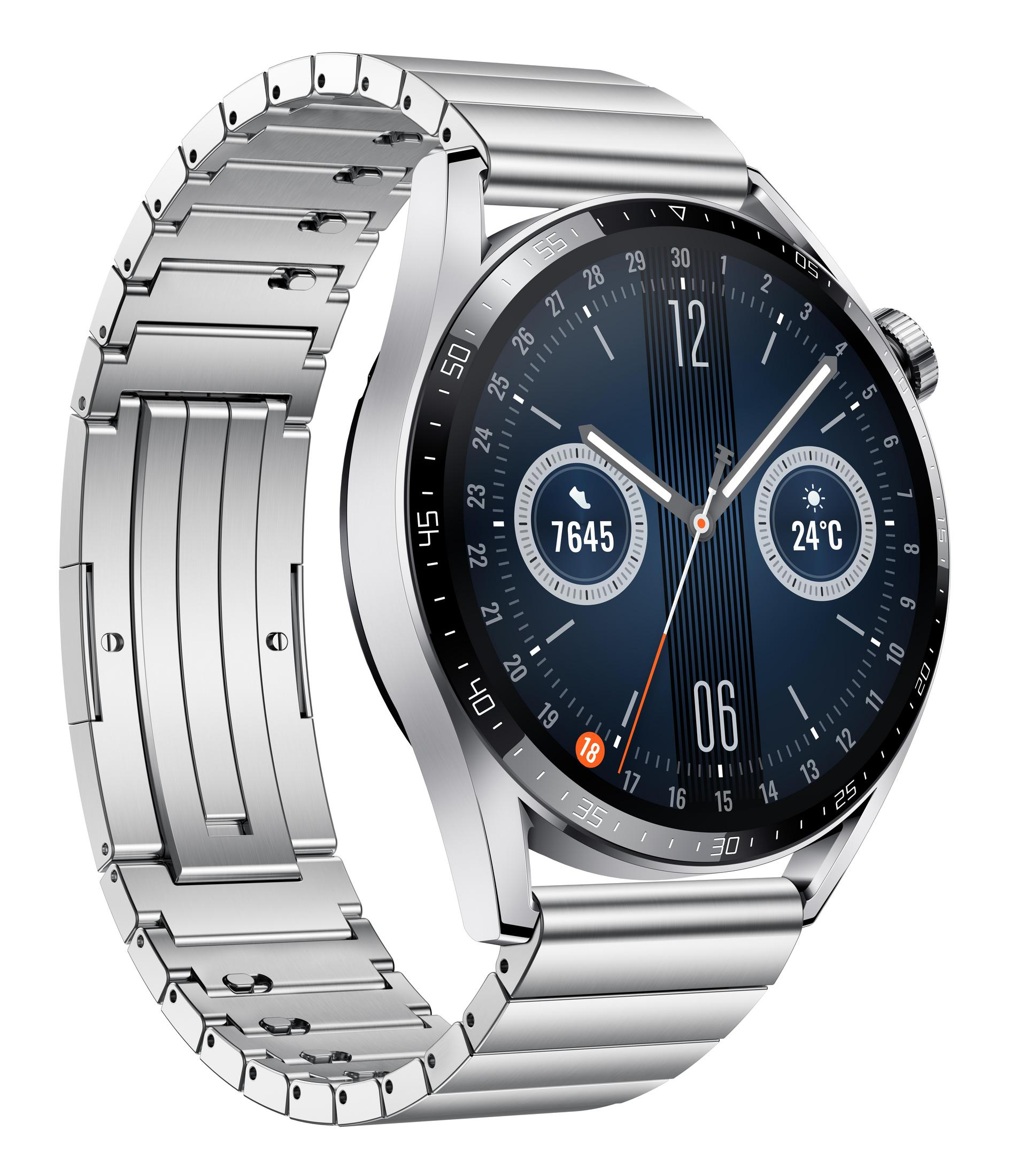 Silberne Smartwatch mit Metallband, auf weißem Hintergrund.