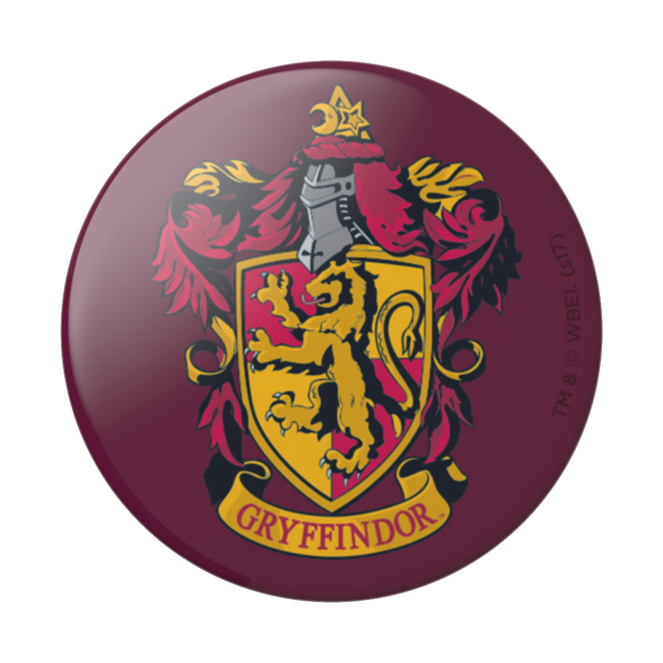 Escudo de Gryffindor sobre fondo granate, mostrando un león, escudo y pancarta.