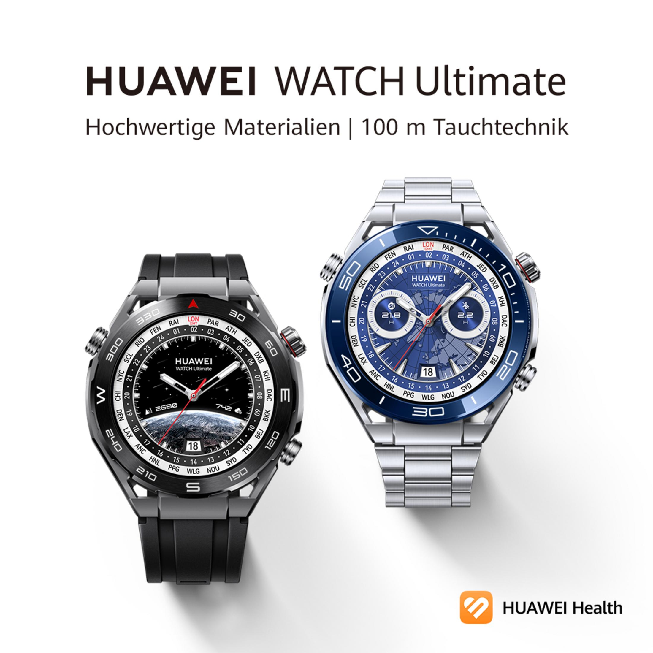 Zwei Smartwatches auf weißem Hintergrund. Eine ist schwarz mit einem Gummiarmband, die andere silberfarben mit einem Metallband.
