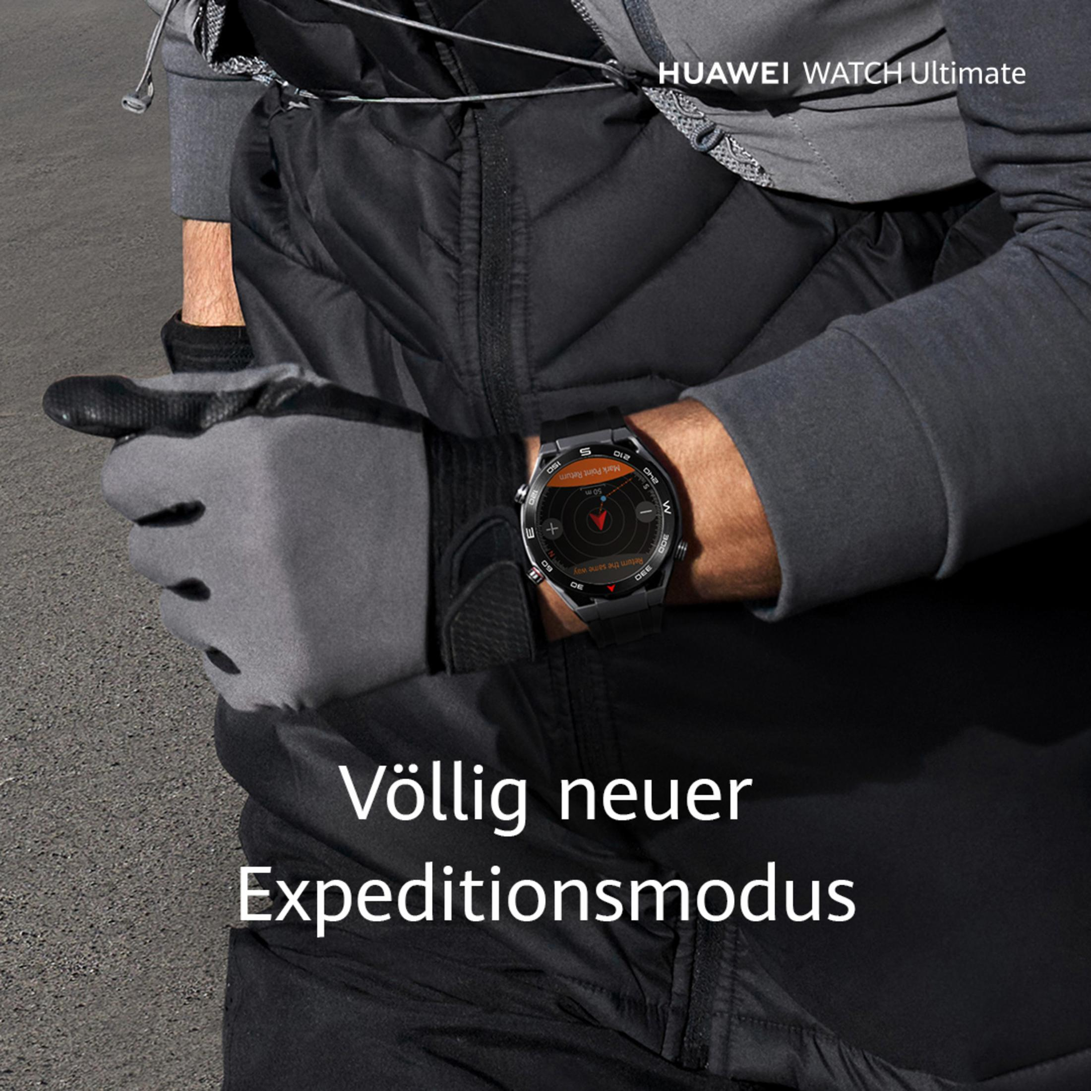 Mann trägt Smartwatch, Text überlagert mit deutschem Text: Völlig neuer Expeditionsmodus.
