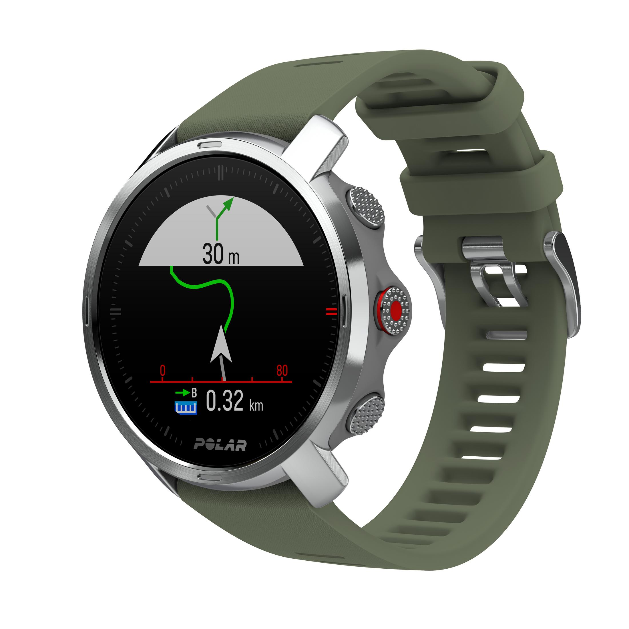 Eine grüne Uhr mit gewölbtem Bildschirm, der eine Karte zeigt. Das Armband ist grün.