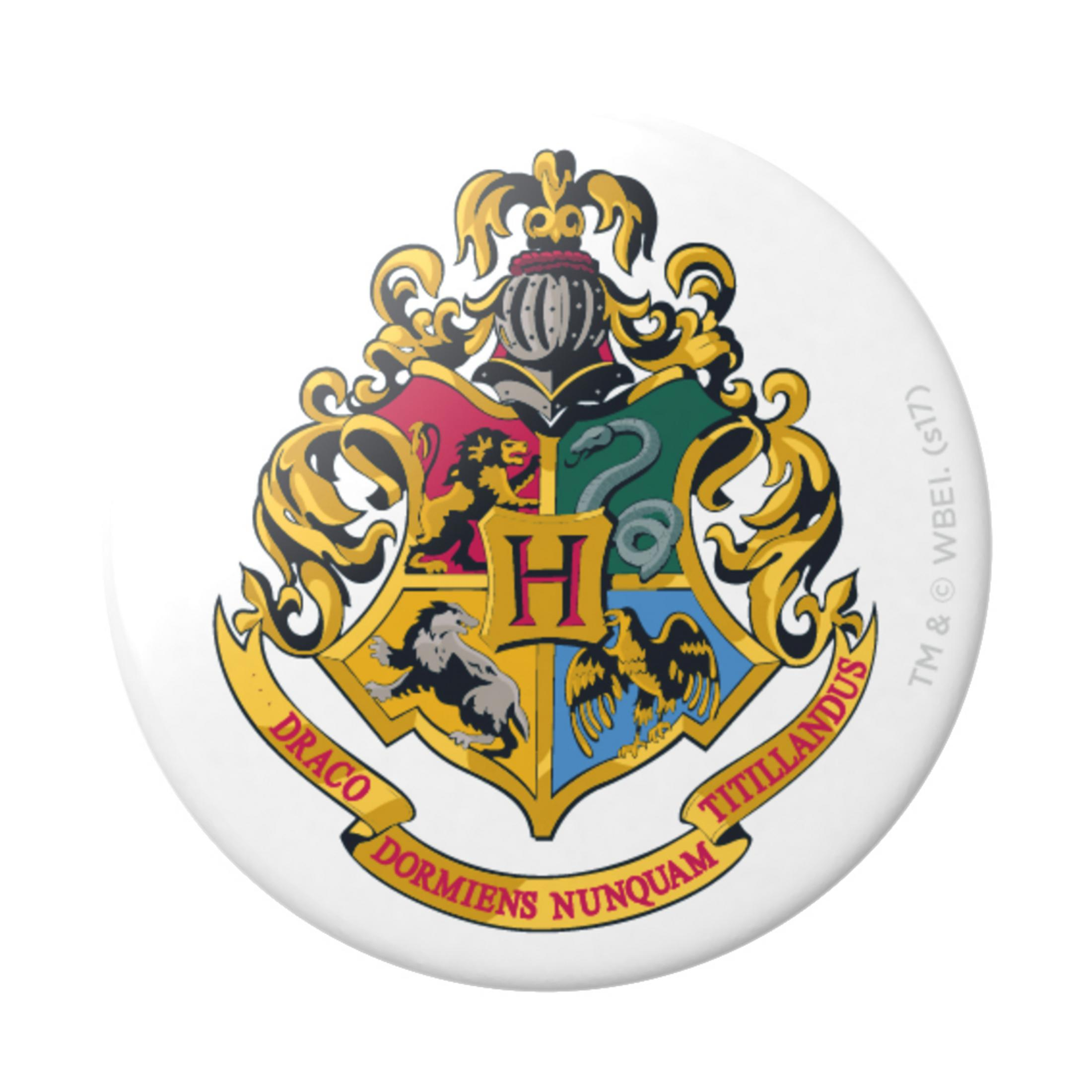 Harry Potter Button mit dem Hogwarts-Wappen. Der Knopf befindet sich auf weißem Hintergrund.