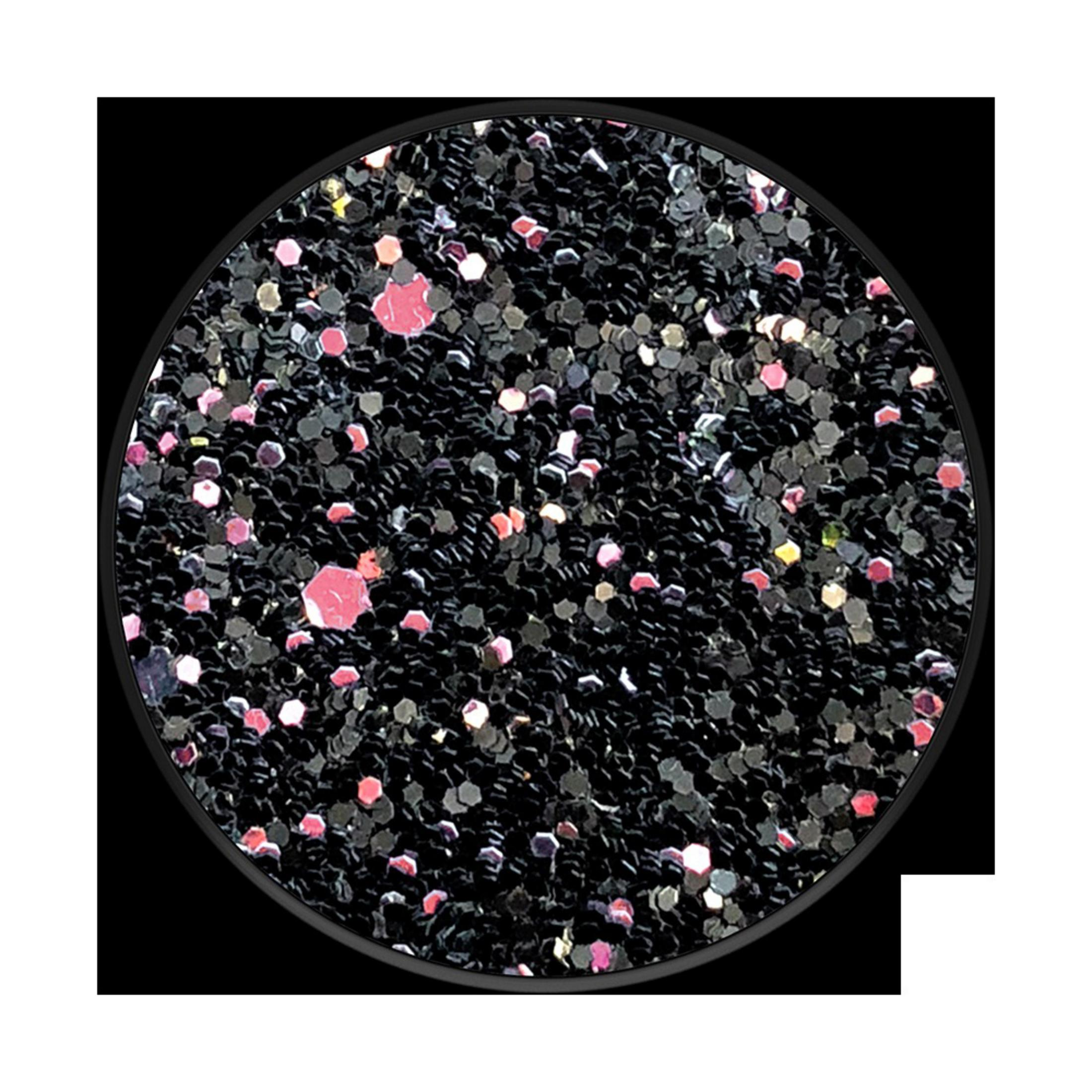 Primer plano de purpurina negra con motas de purpurina rosa y plata.