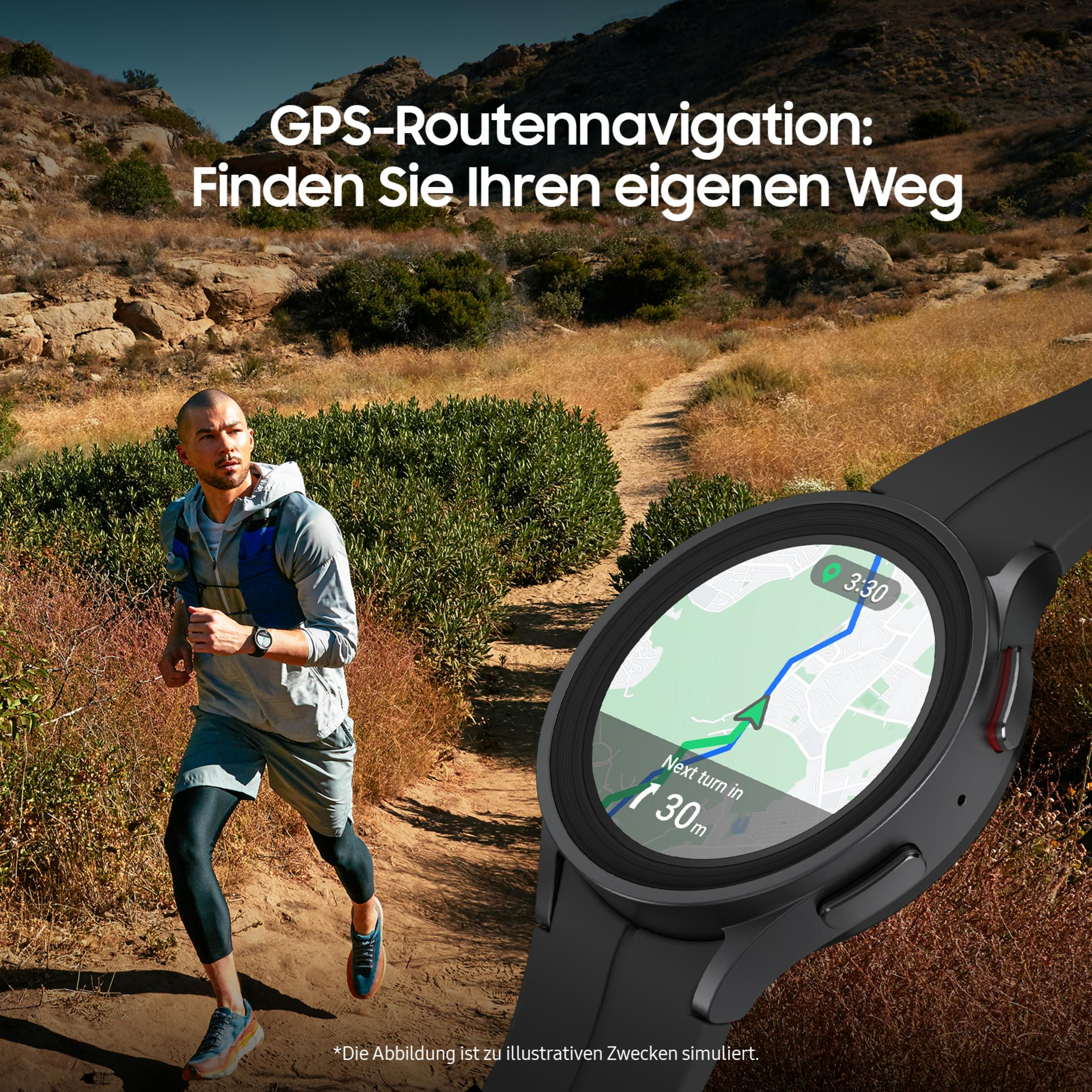 Mann läuft auf einem Weg, trägt Uhr mit Streckenkarte. Text: GPS-Routenavigation: Finden Sie Ihren eigenen Weg.