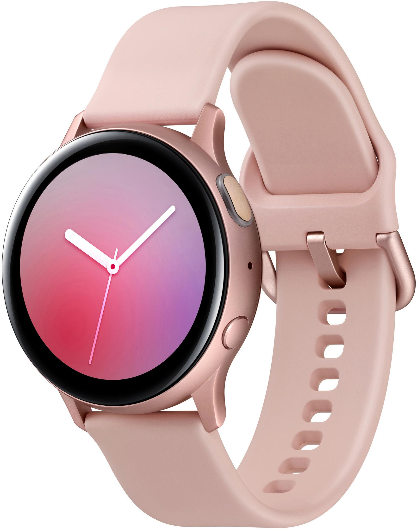 Roségoldene Smartwatch mit rosa Armband, Schrägaufnahme.