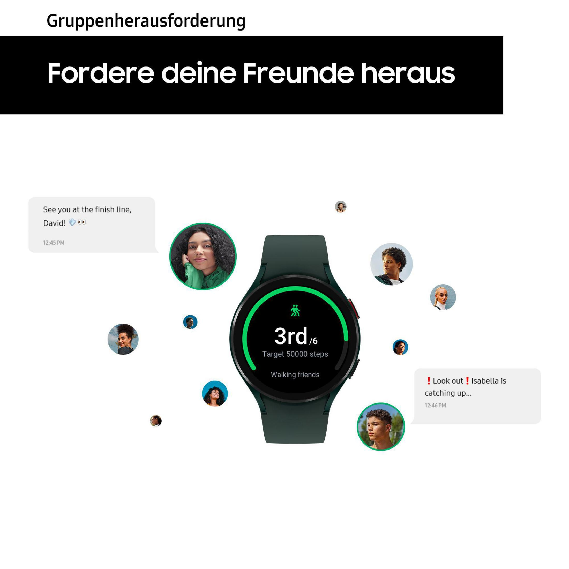 Eine Smartwatch mit Schritt-Challenge-Bildschirm und Chatblasen.