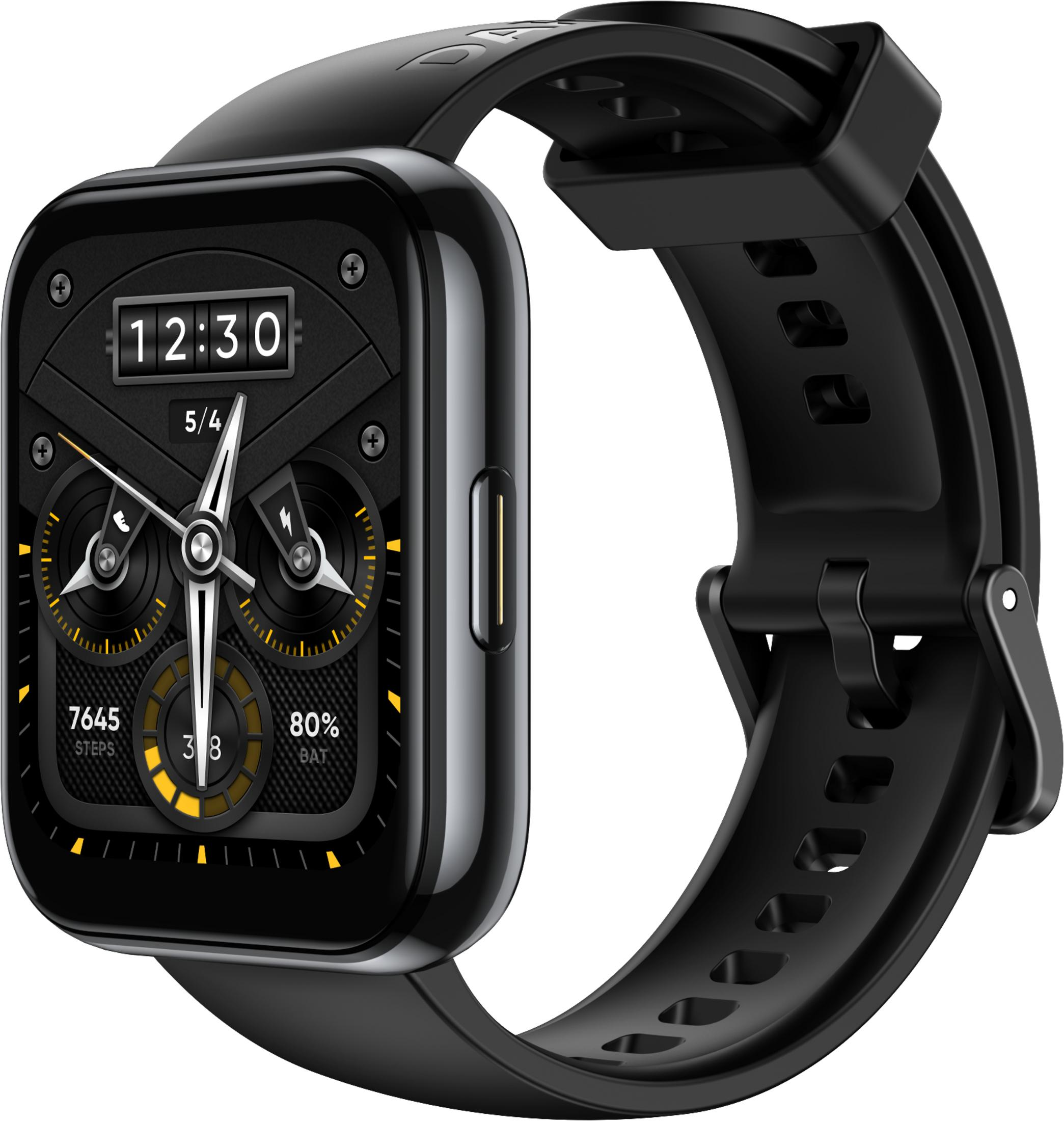 Eine schwarze Smartwatch mit rechteckigem Bildschirm, der Zeit- und Gesundheitsmetriken anzeigt.