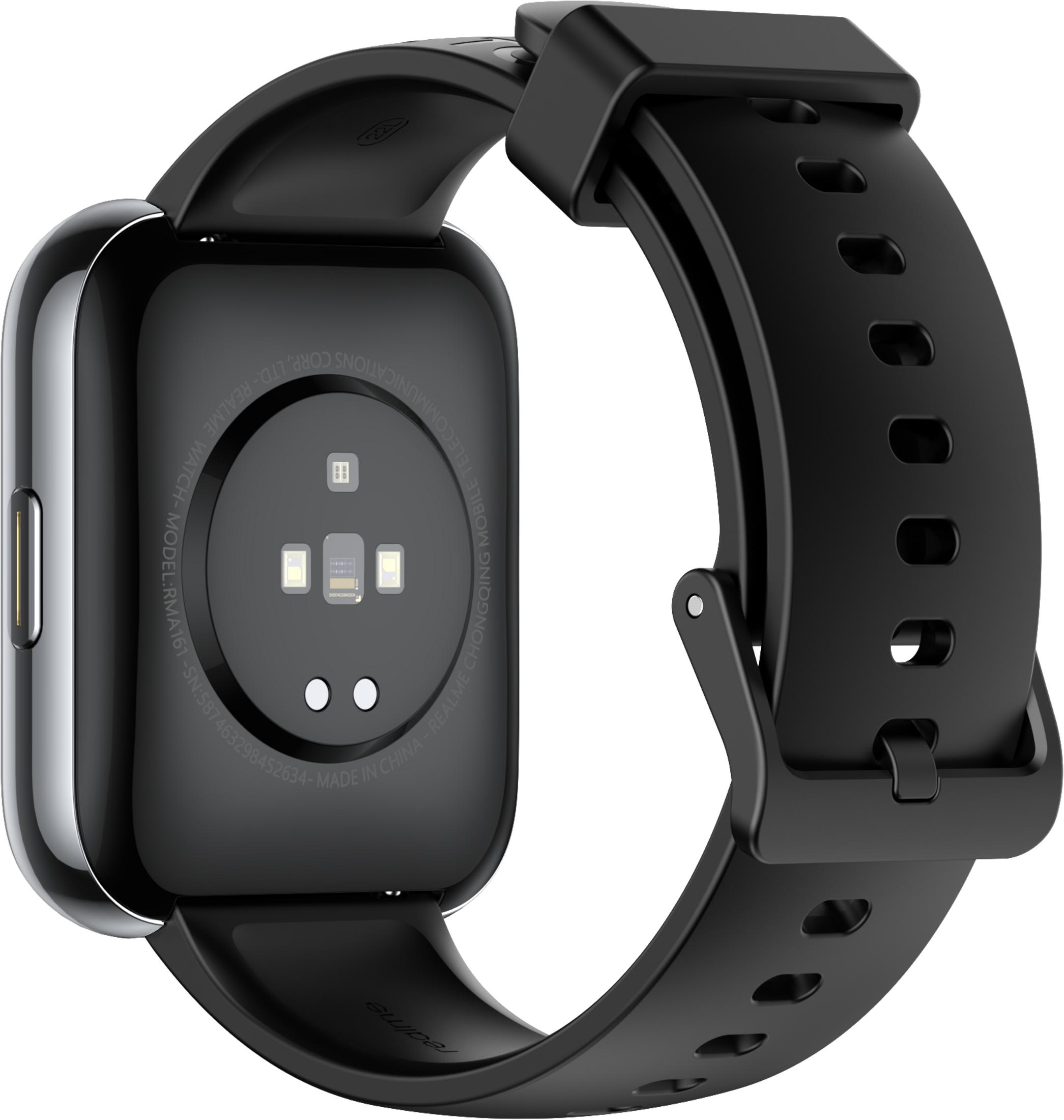 Schwarze Smartwatch mit quadratischem Zifferblatt, schwarzem Armband und Sensoren auf der Rückseite.