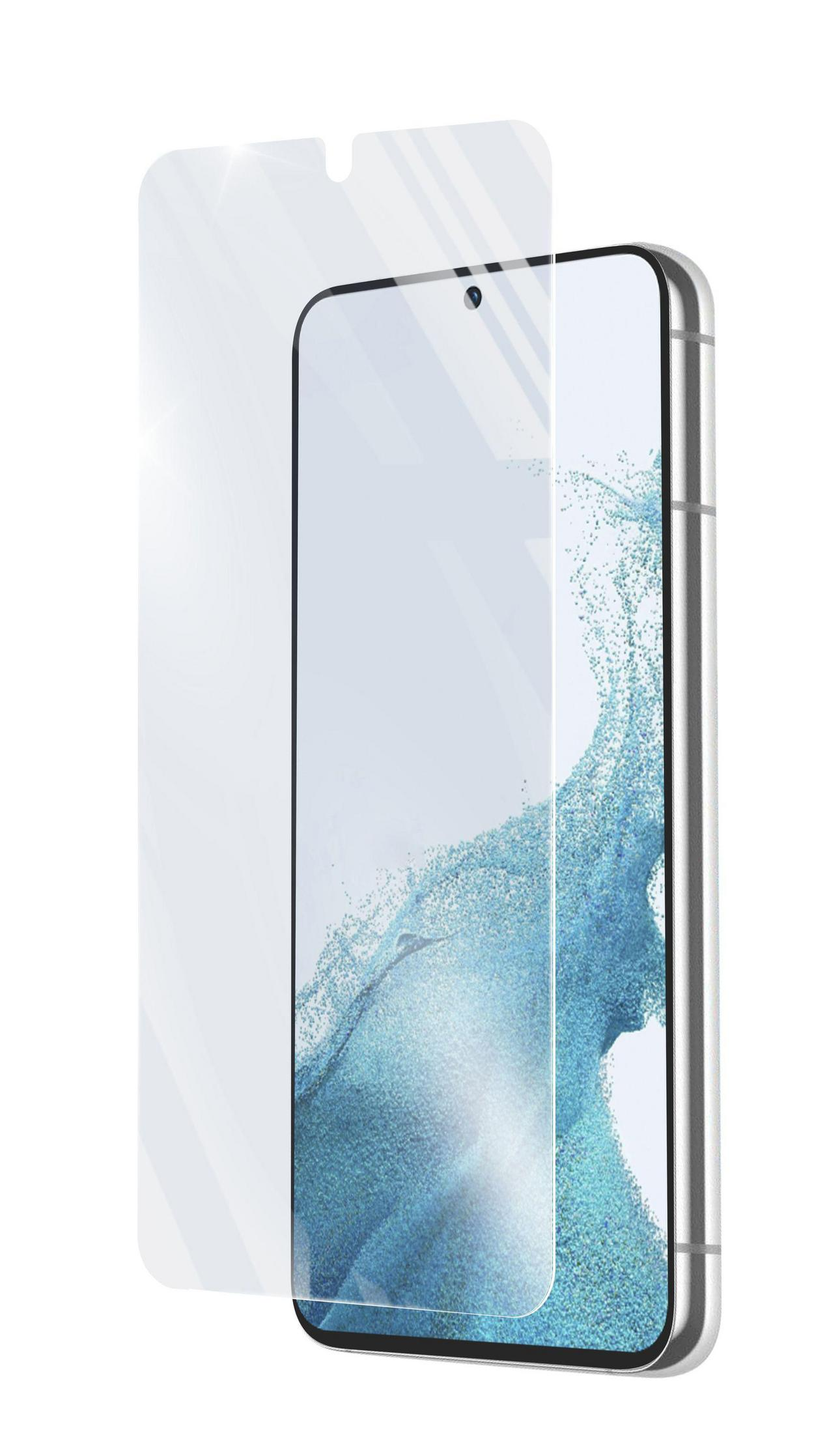 Smartphone con protezione schermo in applicazione. Il telefono ha una cornice argentata.