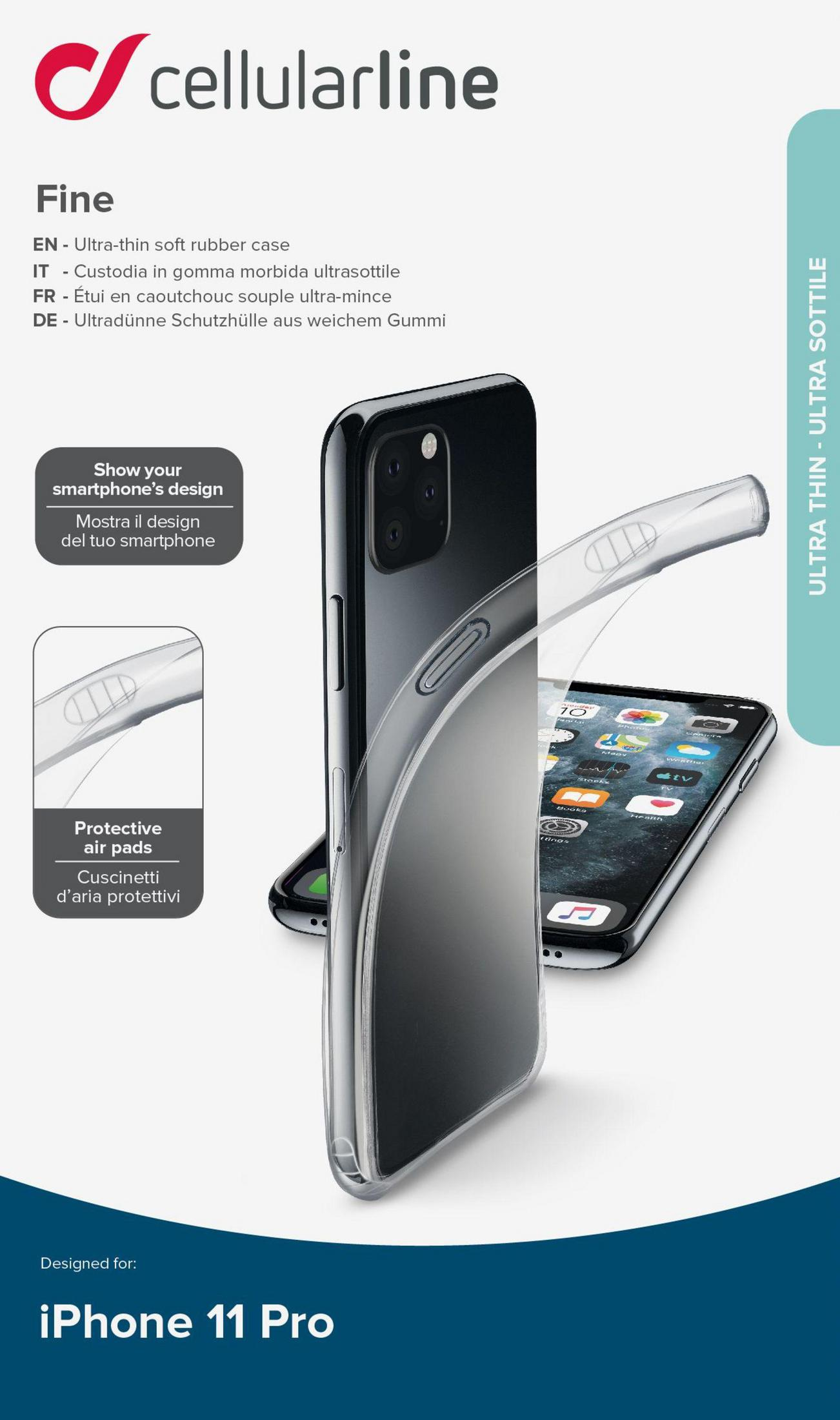 Custodia per telefono su un telefono che mostra il design del telefono. Custodia trasparente, iPhone 11 Pro.