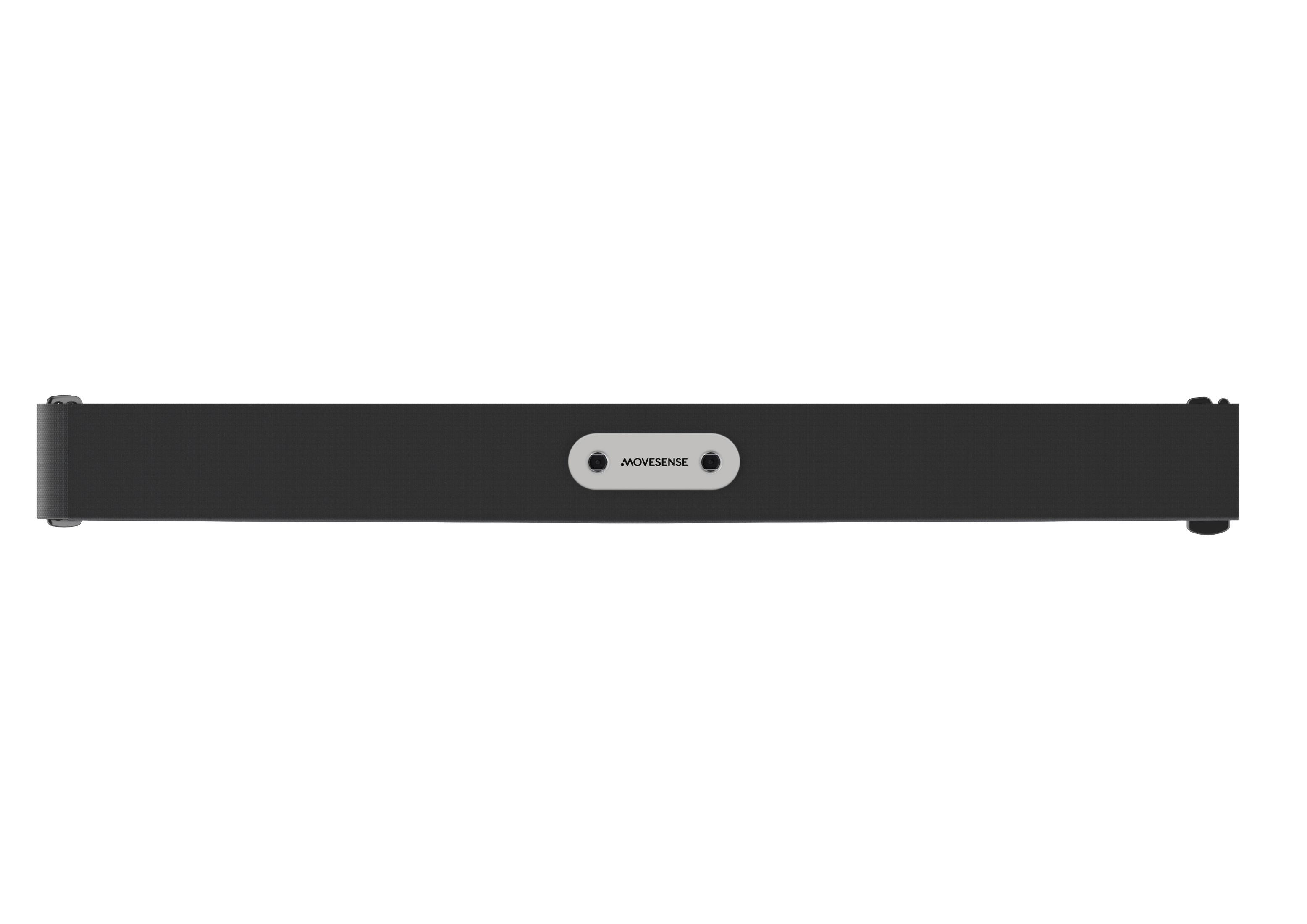 Barra de sonido negra con logotipo plateado, fondo blanco liso.