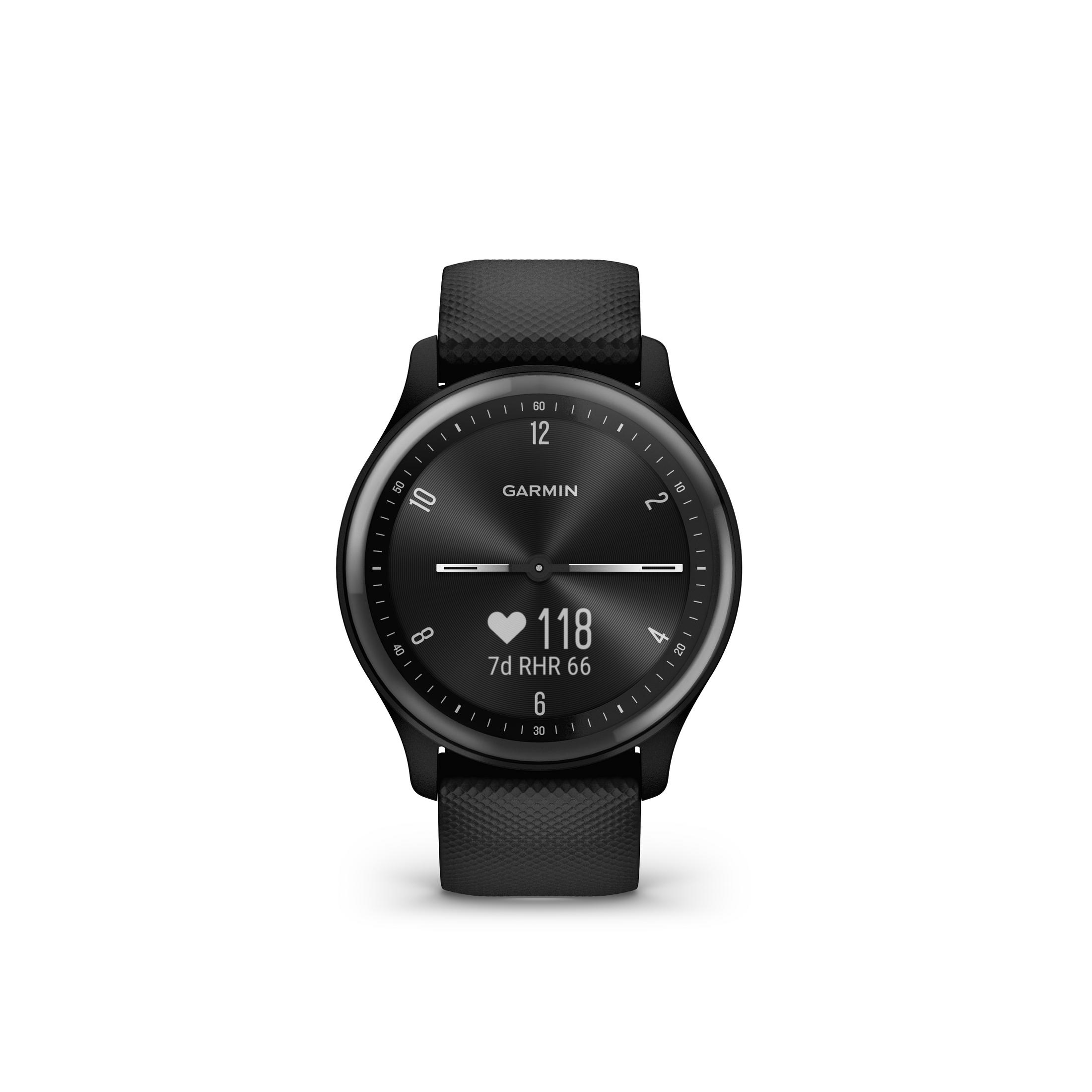 Schwarze Smartwatch, rundes Zifferblatt, Digitalanzeige und schwarzes Armband.