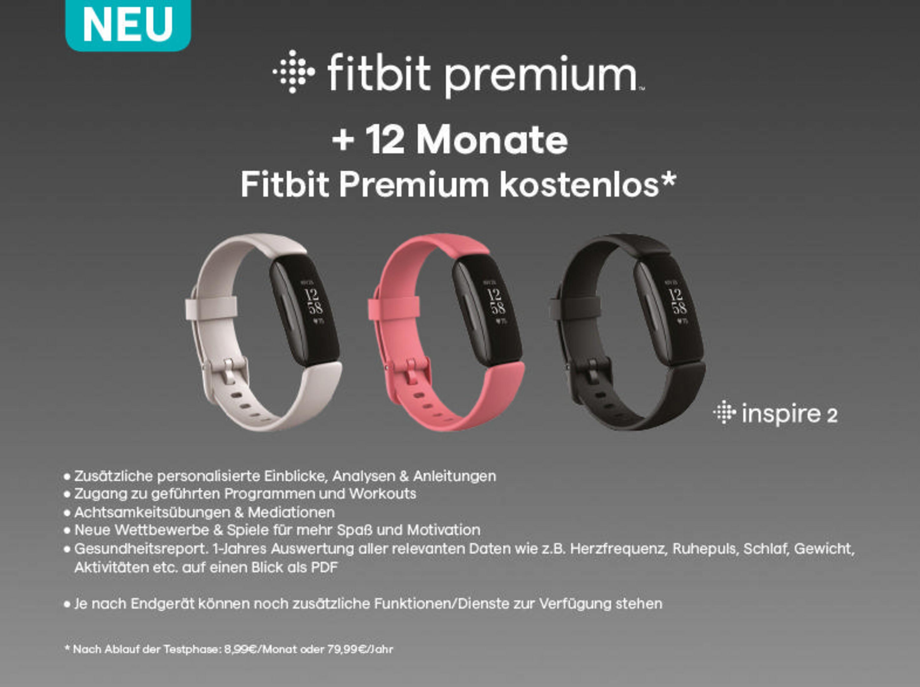 Fitbit Inspire 2 Smartwatch in Weiß, Pink und Schwarz, auf einem Werbeflyer mit Text.