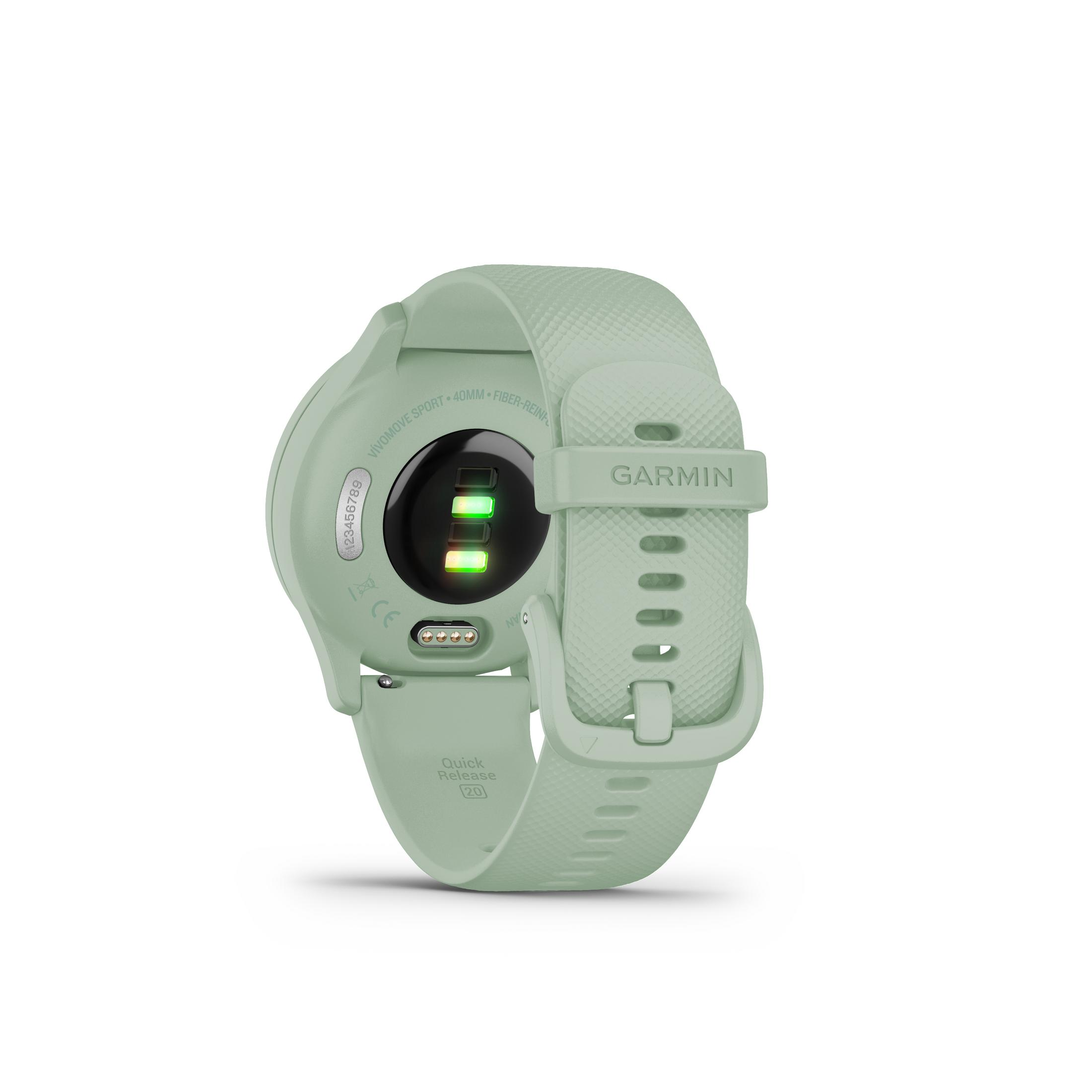 Rückseite einer mintgrünen Garmin-Uhr. Herzfrequenzmesser und Sensor werden angezeigt.