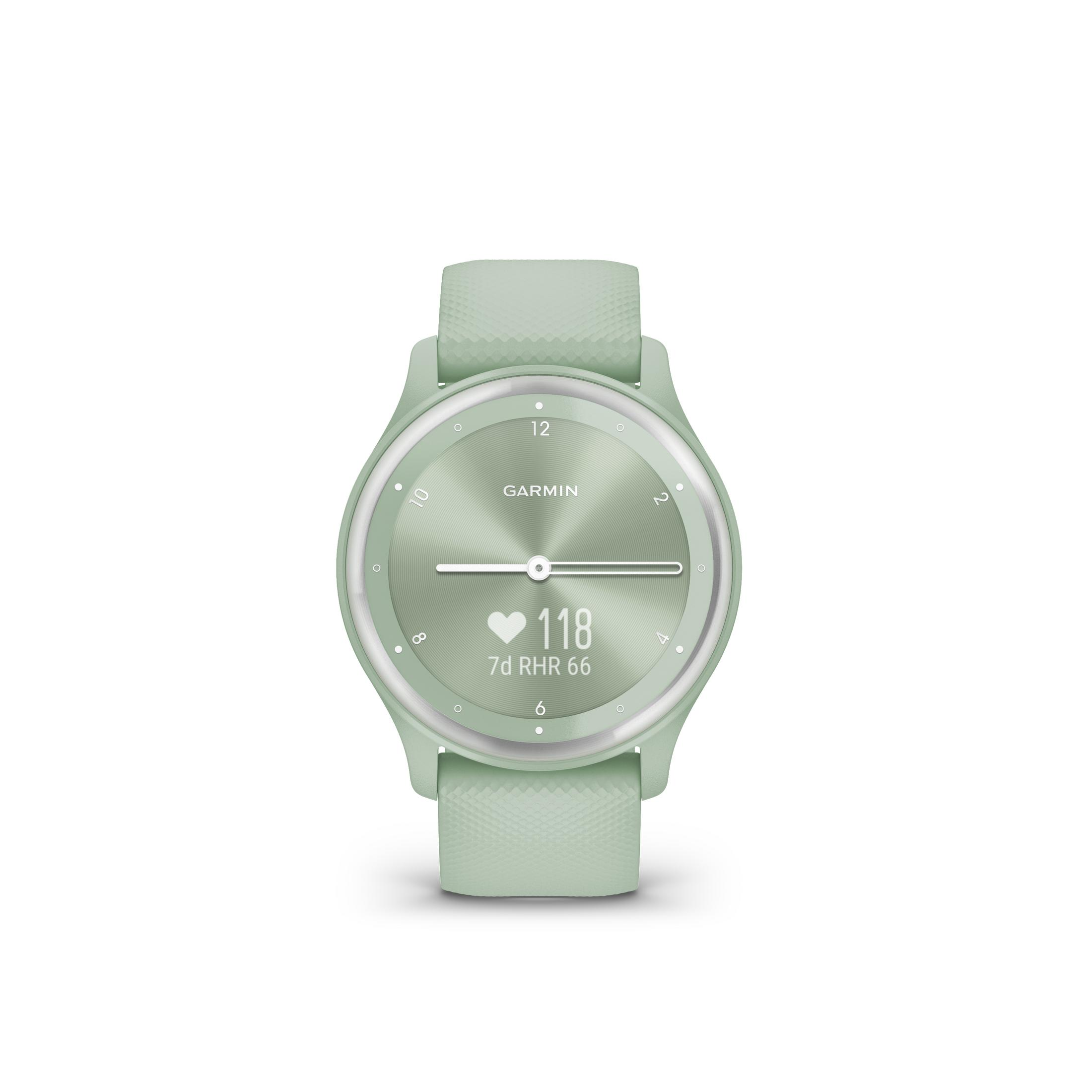 Eine mintgrüne Garmin Smartwatch mit weißem Zifferblatt und grünem Armband.