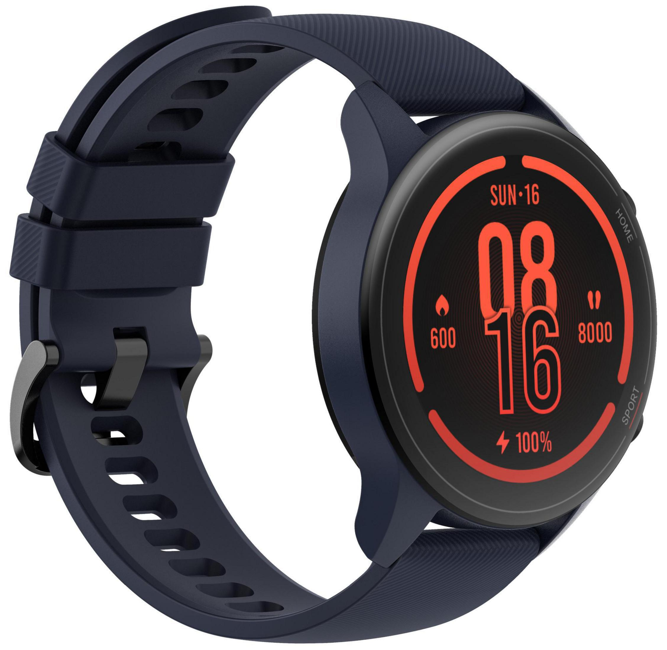 Ciemnoniebieski smartwatch. Wyświetla godzinę i ma czarny pasek.