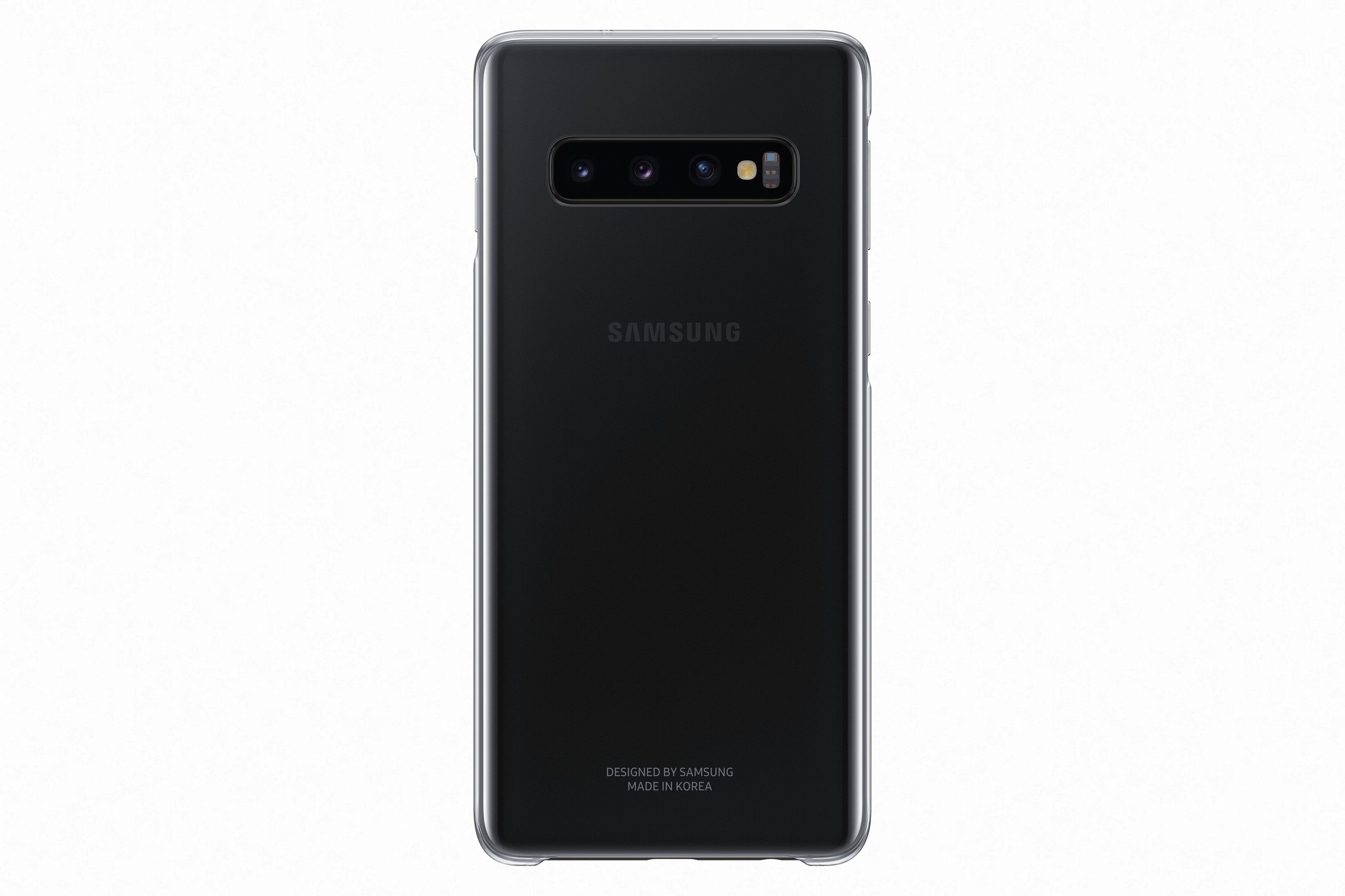 Telefono Samsung nero, vista posteriore, tre fotocamere e una custodia trasparente.