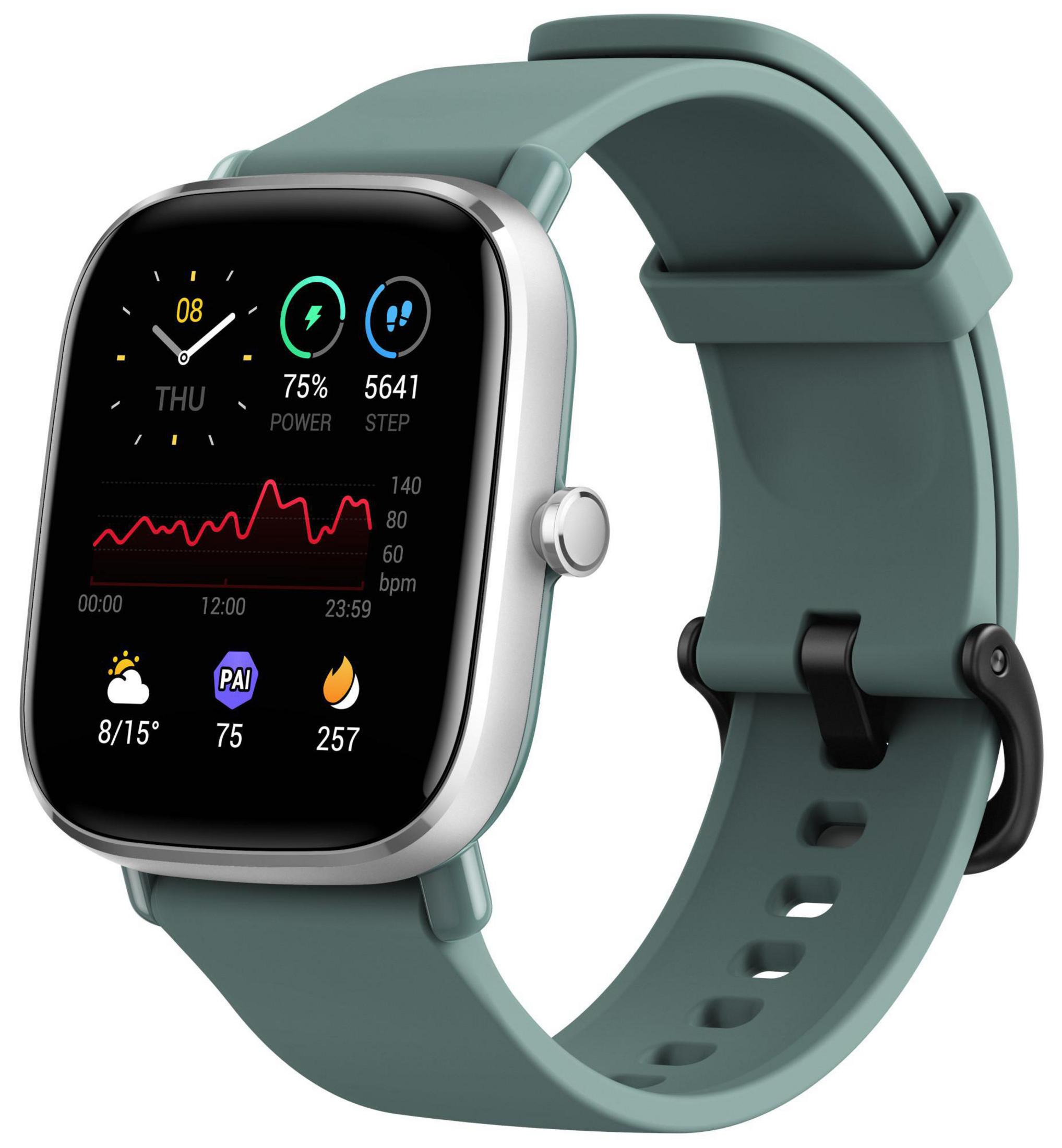 Smartwatch con cinturino verde. Lo schermo mostra dati e un grafico della frequenza cardiaca.