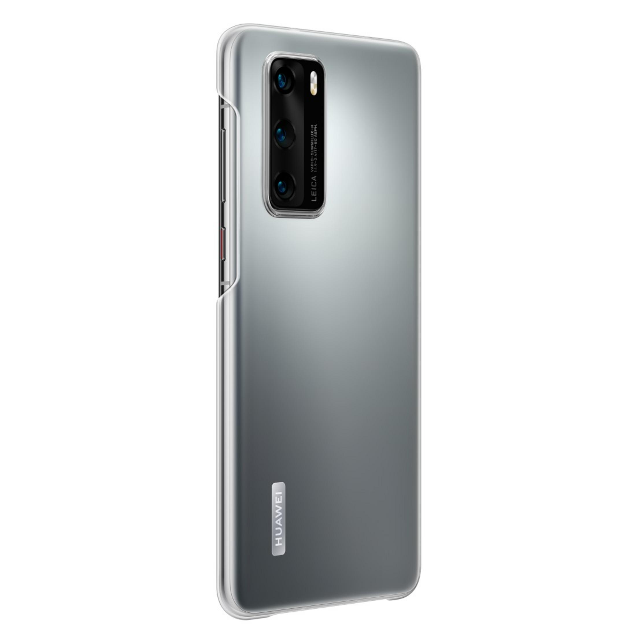 Uno smartphone in una custodia trasparente.  Fotocamera e logo 'HUAWEI'.
