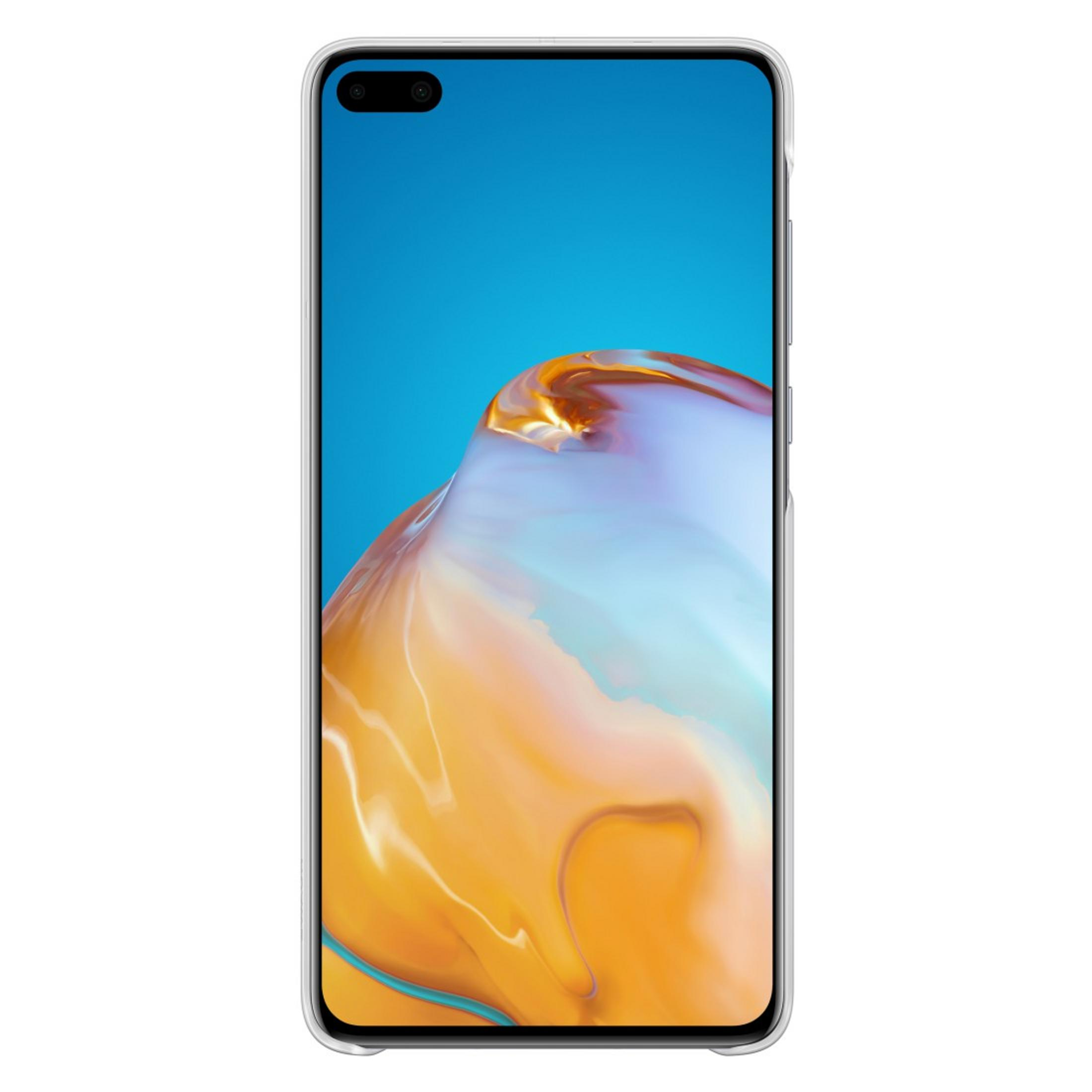 Un telefono con custodia trasparente. Schermo blu e arancione con un design curvo.