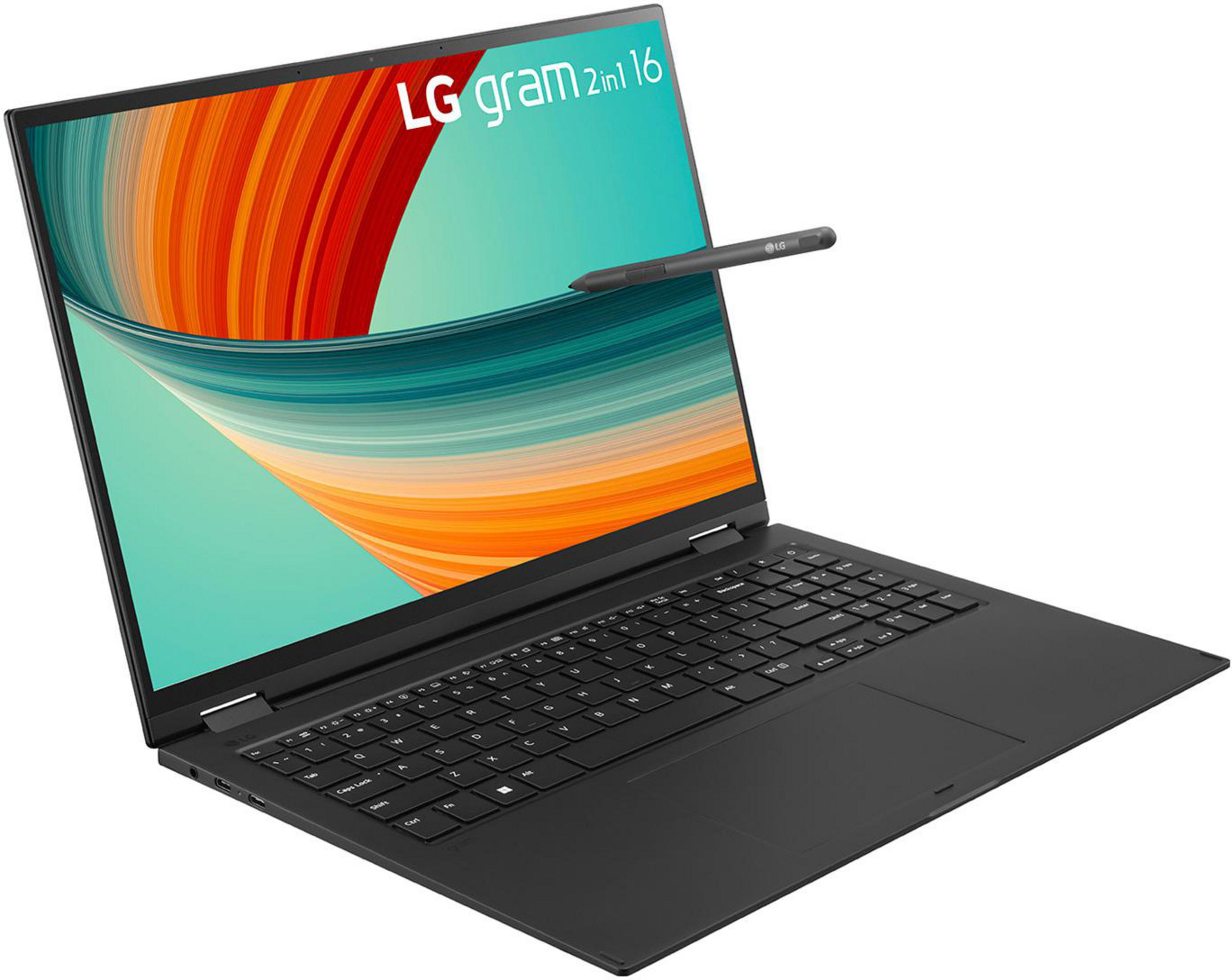 Schwarzes LG gram 2-in-1 16 Laptop mit Stift. Der Bildschirm zeigt ein farbenfrohes Bild.