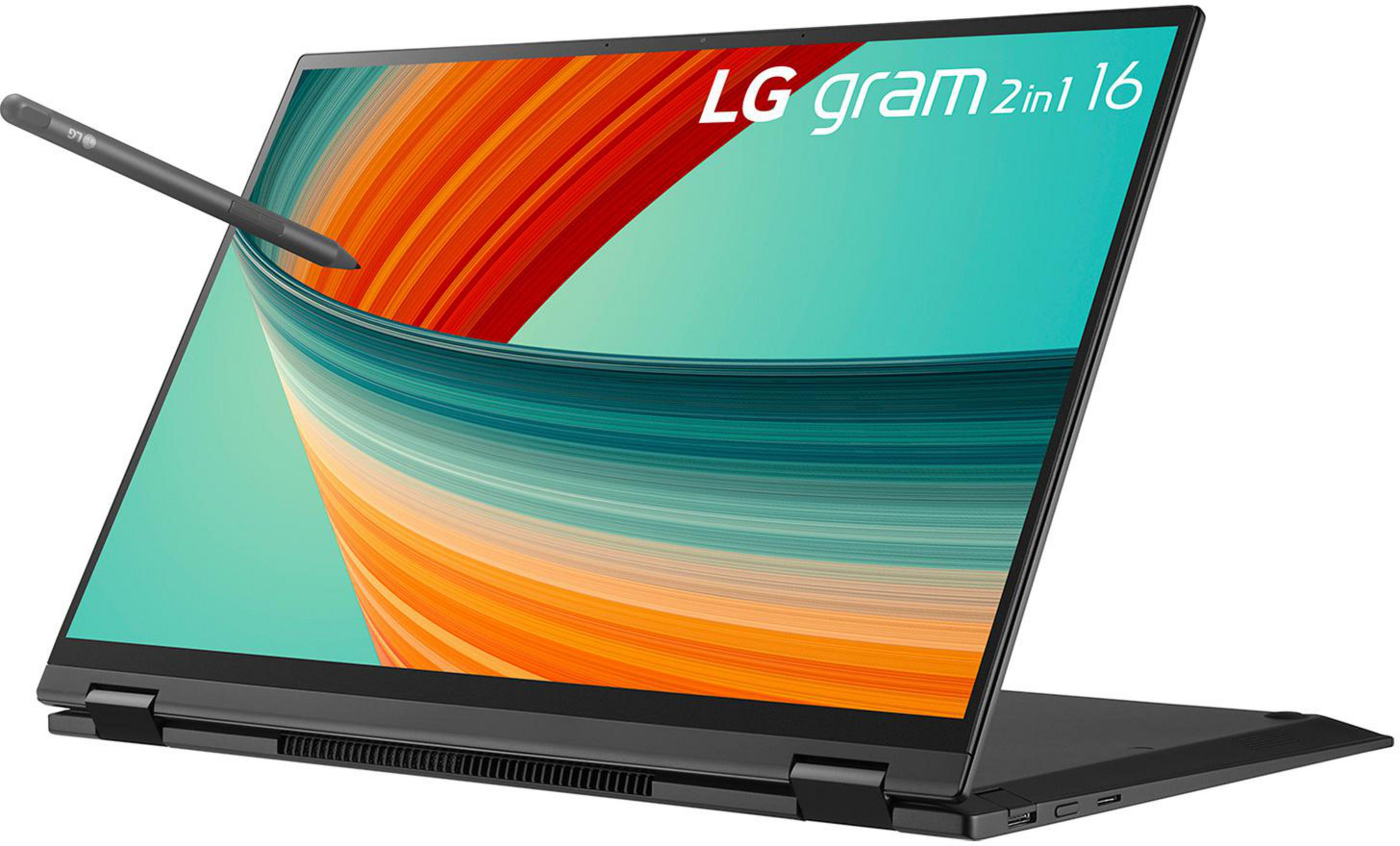Schwarzer LG Gram Laptop mit offenem Bildschirm. Stift über dem Bildschirm. Text: 'LG gram 2in1 16'.