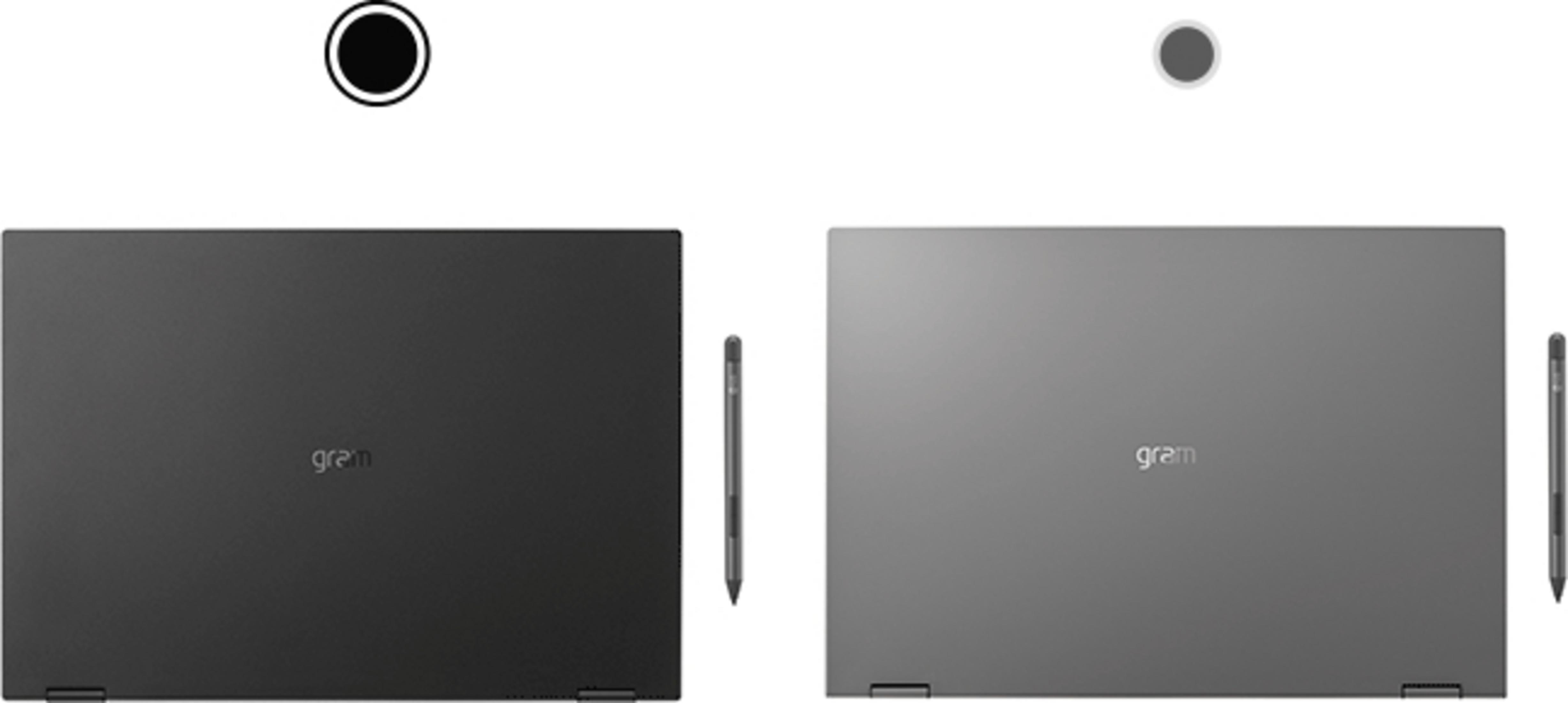 Zwei Laptops, schwarz und grau, mit Stiften, Draufsicht.
