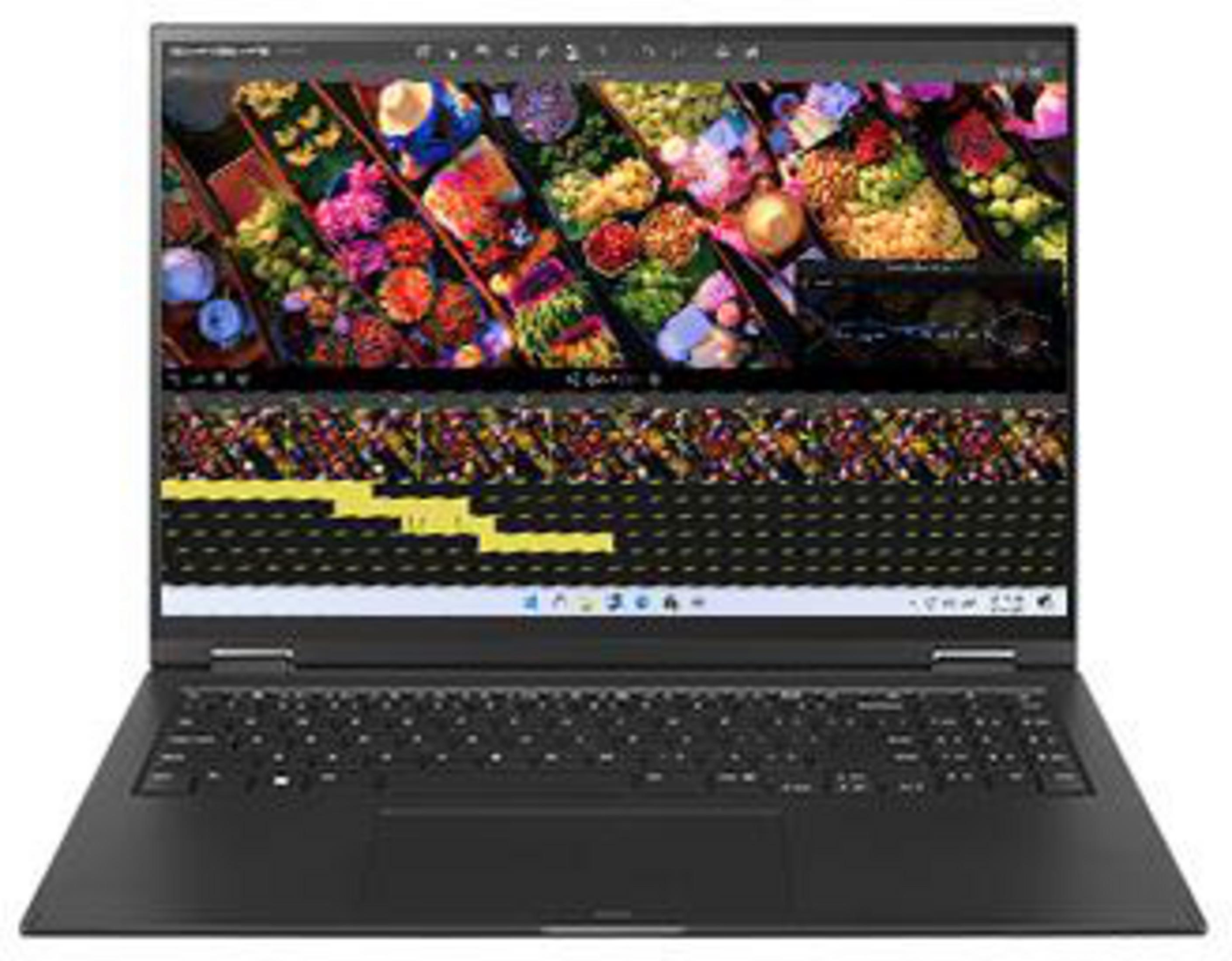 Ein schwarzer Laptop mit Bildschirm, der eine farbenfrohe Videoschnittstelle zeigt. Tastatur sichtbar.
