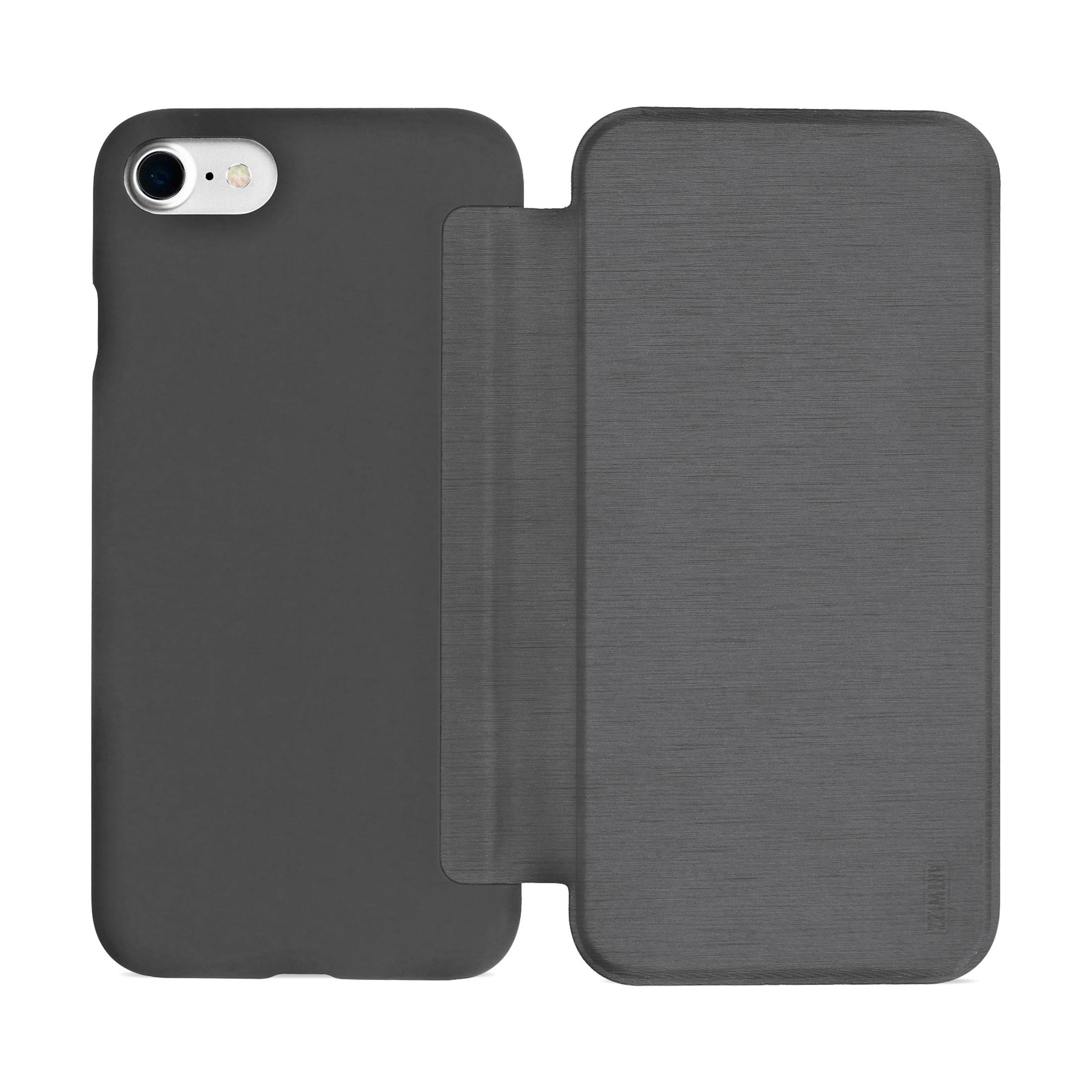 Schwarze Handyhülle mit Handy links und offener Abdeckung rechts.