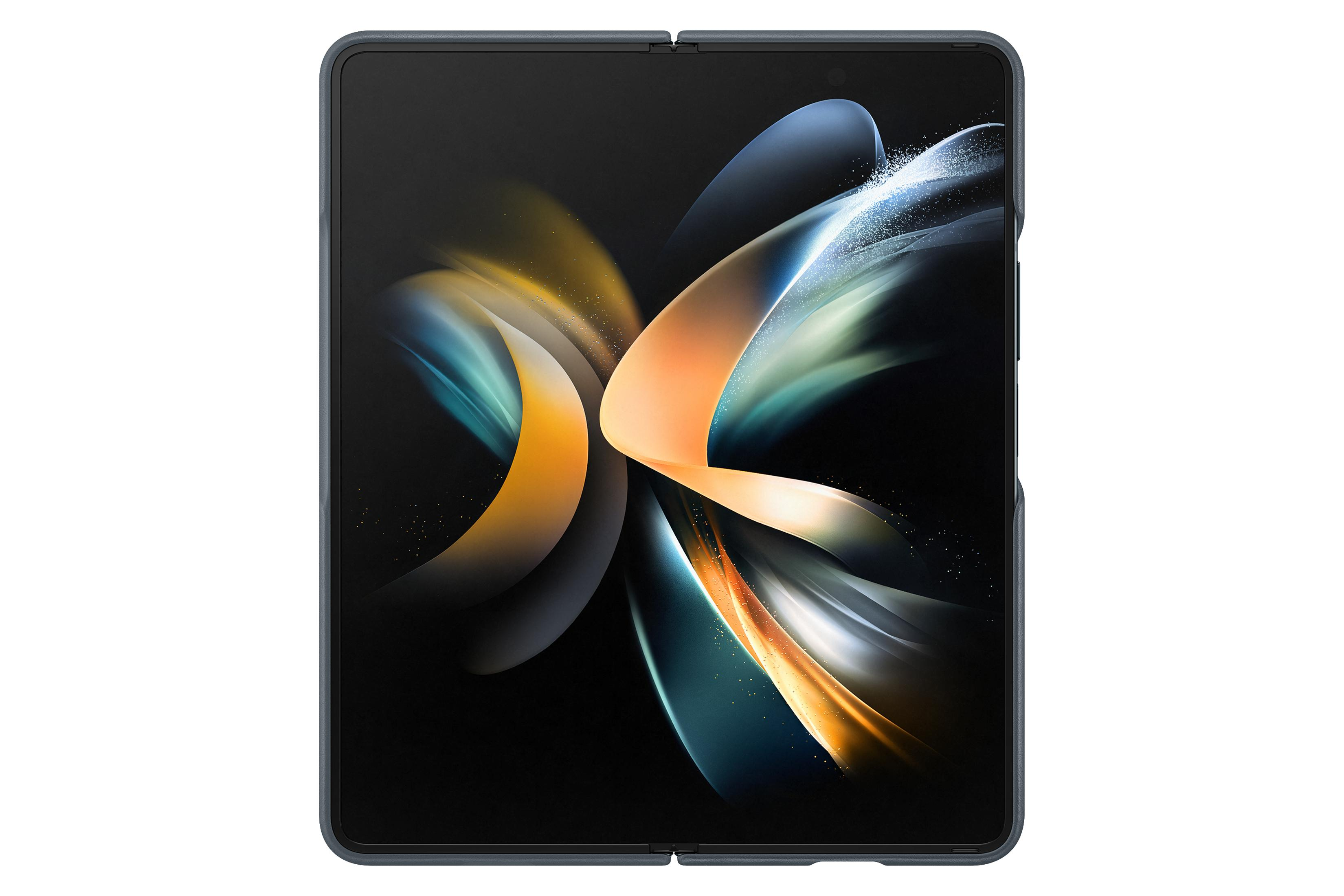 Un teléfono plegable, pantalla negra con un fondo colorido.
