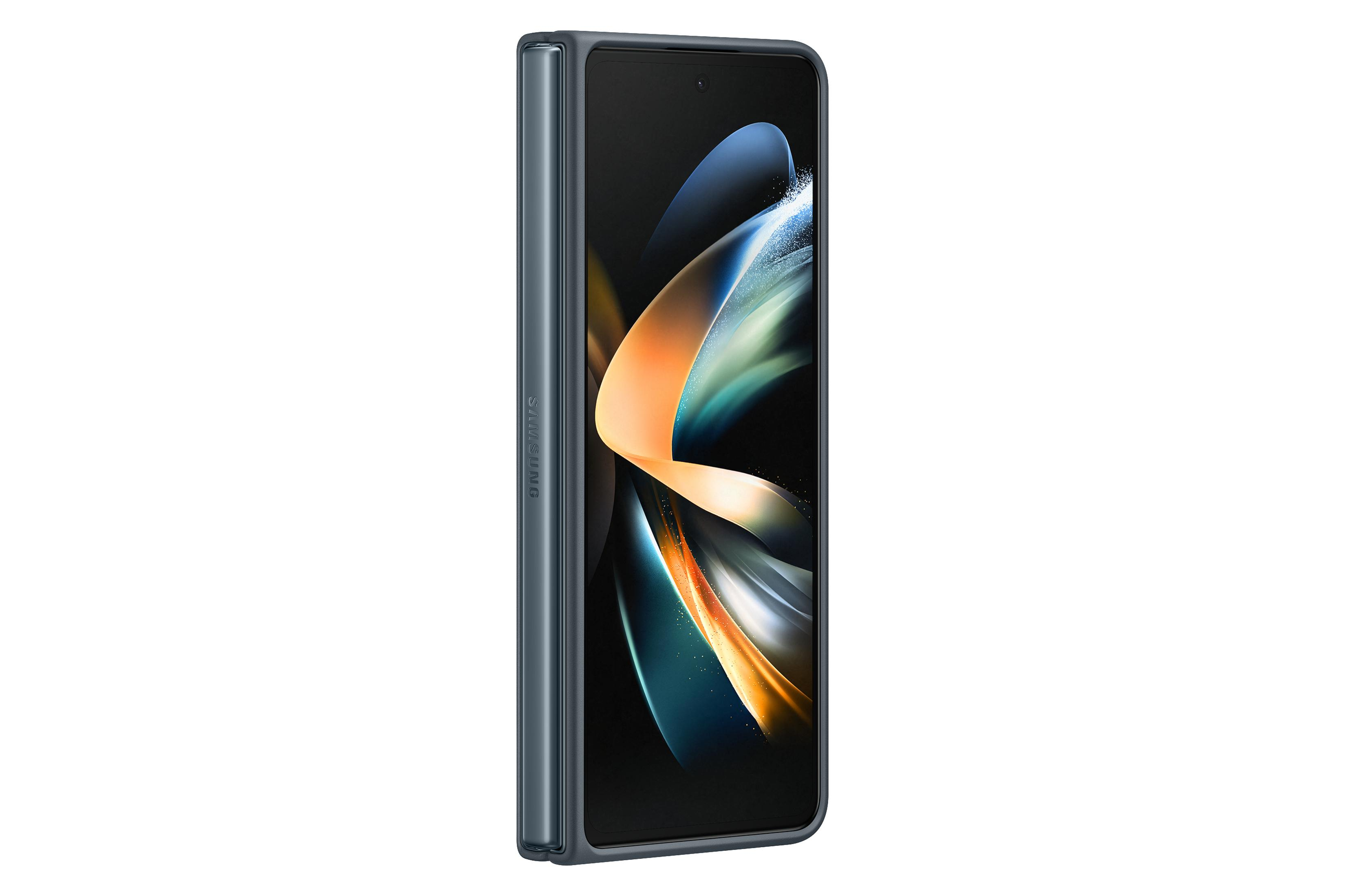 Un teléfono inteligente plegado, azul-verde, con cámara, que muestra la marca Samsung.