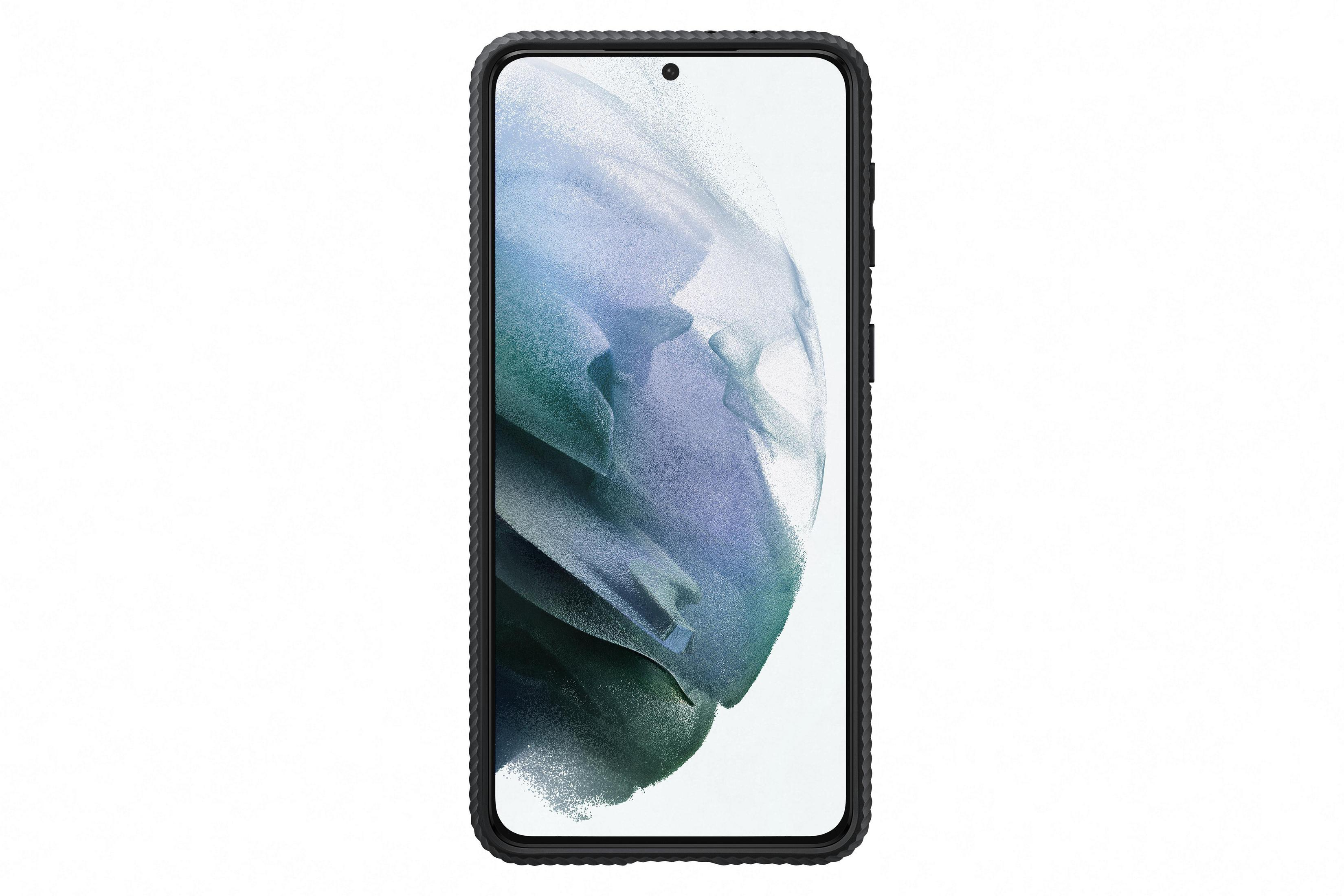 Smartphone en funda negra, vista en ángulo, fondo blanco, mostrando una pantalla.