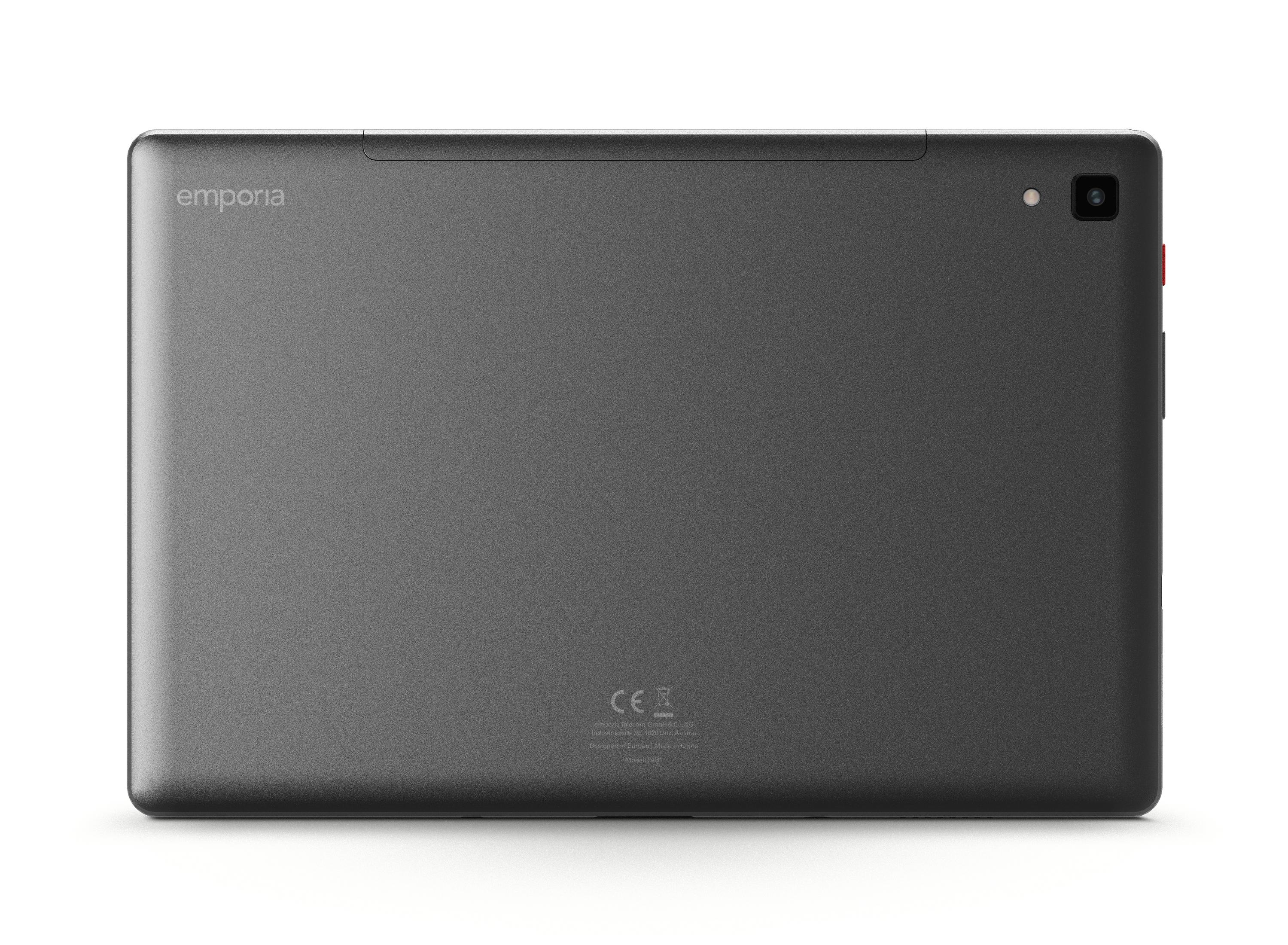 Rückseite eines grauen Tablets mit Kamera, auf weißem Hintergrund.