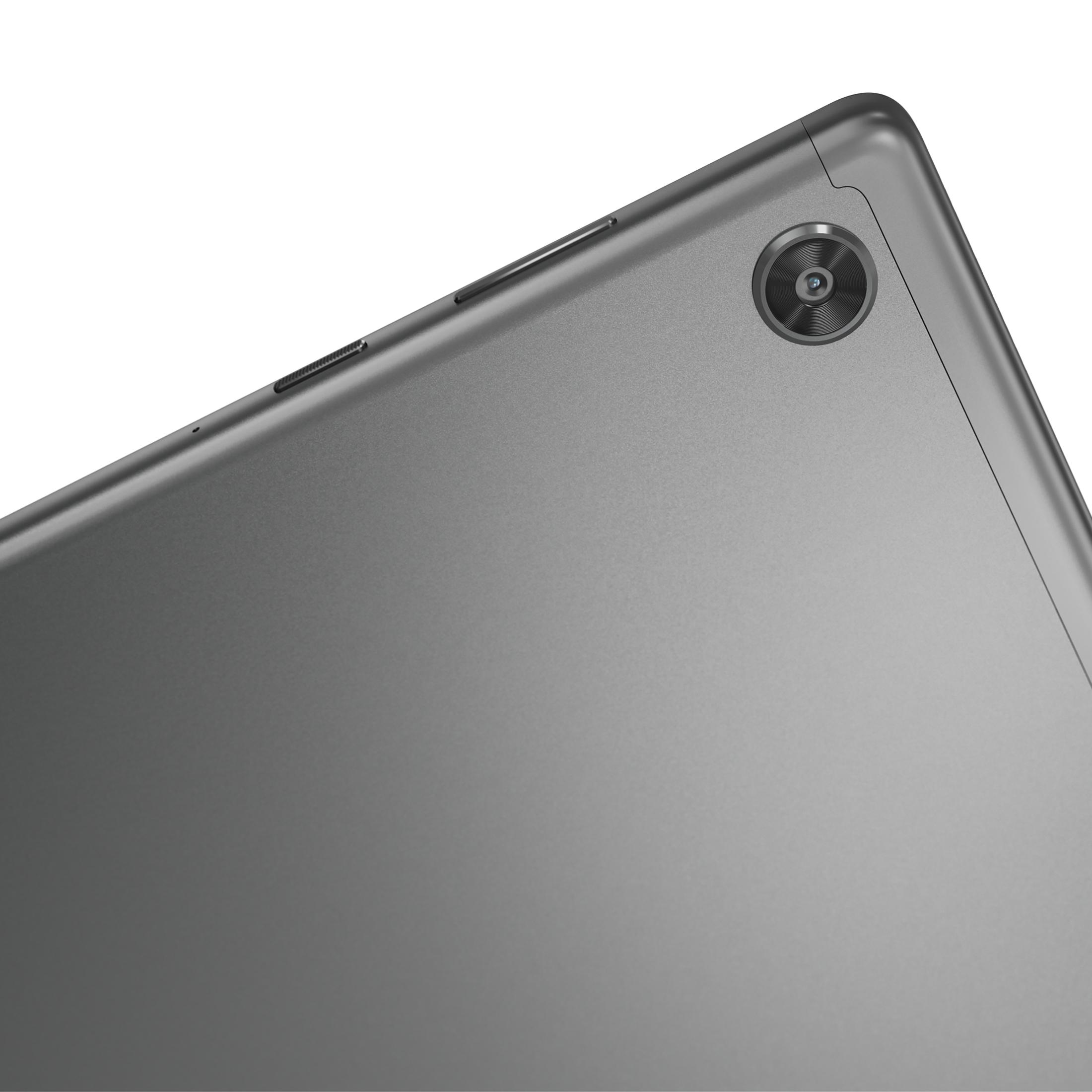 Graue Tablet-Ecke mit Kamera und Knöpfen, weißer Hintergrund.