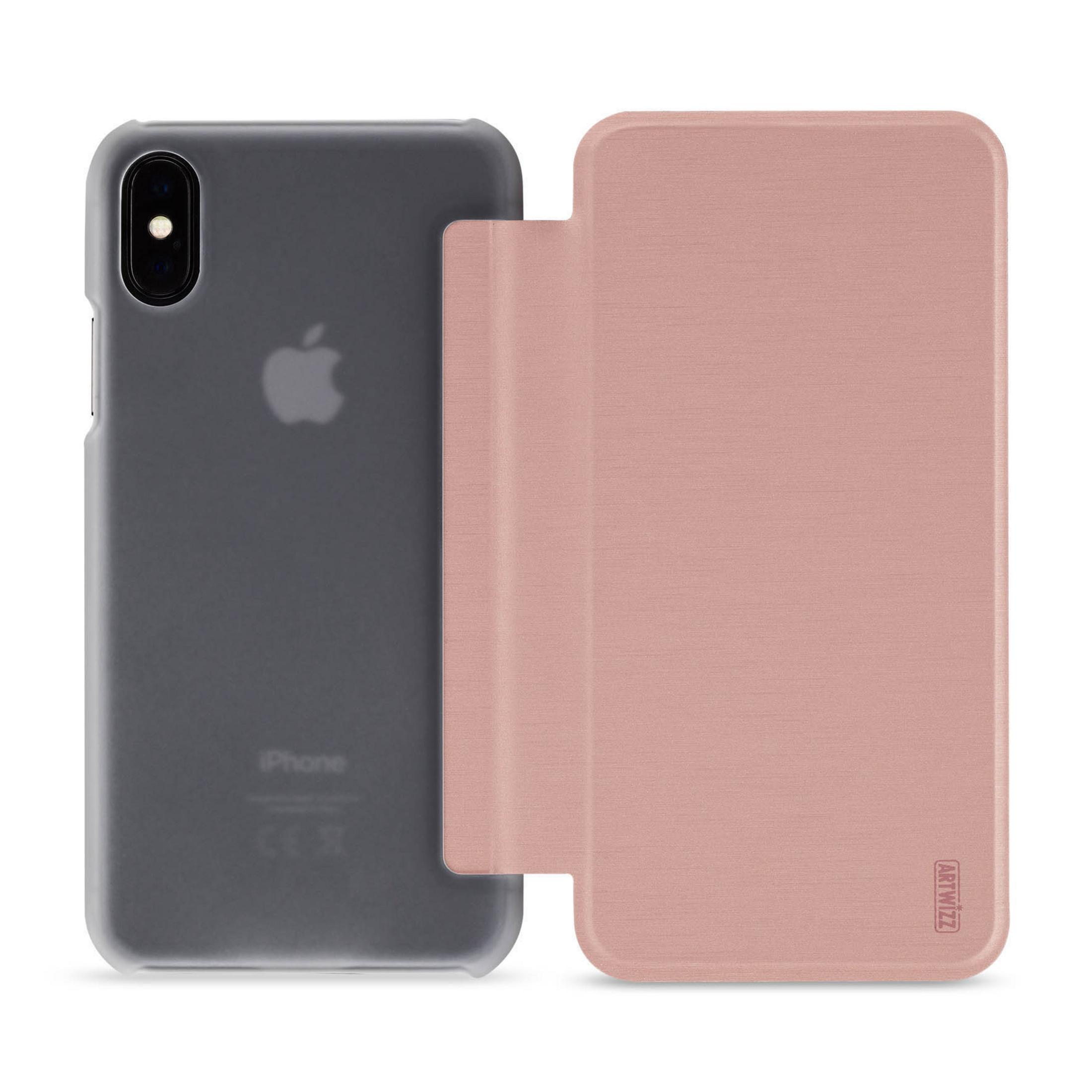 iPhone mit geöffneter rosa Hülle auf weißem Hintergrund.