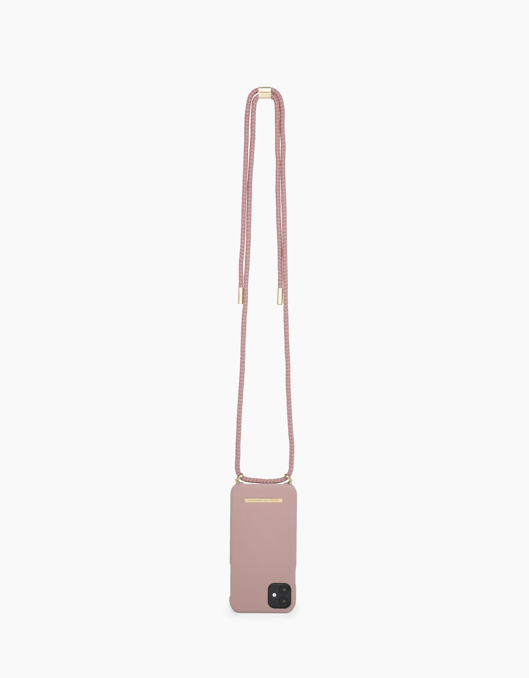 Kordonlu pembe telefon kılıfı. Kordon pembe ve telefon kılıfı gül renginde.