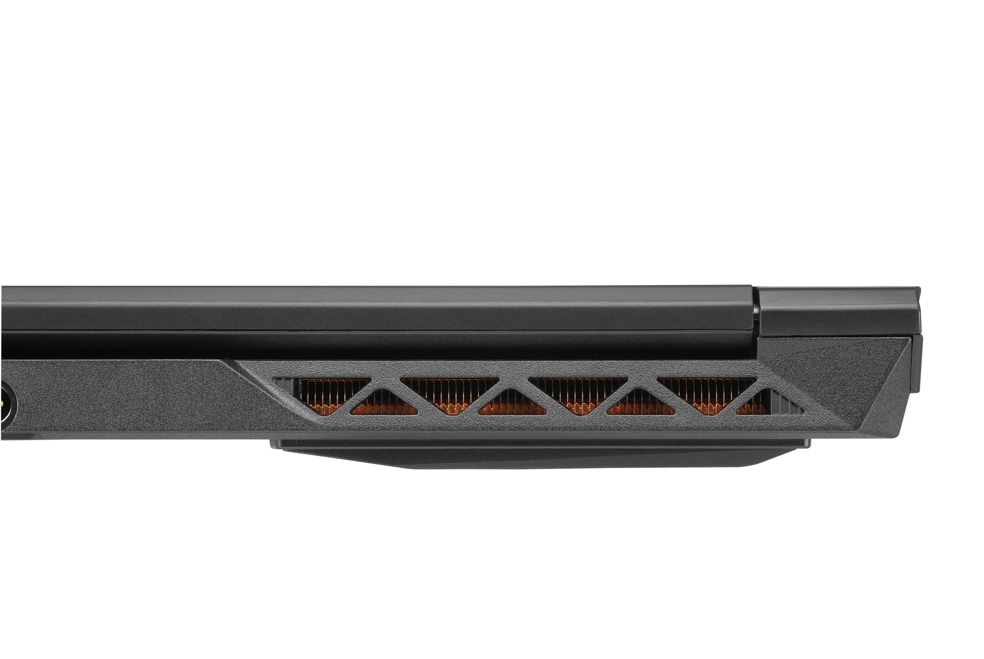 Laptop-Seitenansicht. Schwarz und Grau. Lüftungsschlitze mit Kupferrippen sichtbar. Weißer Hintergrund.
