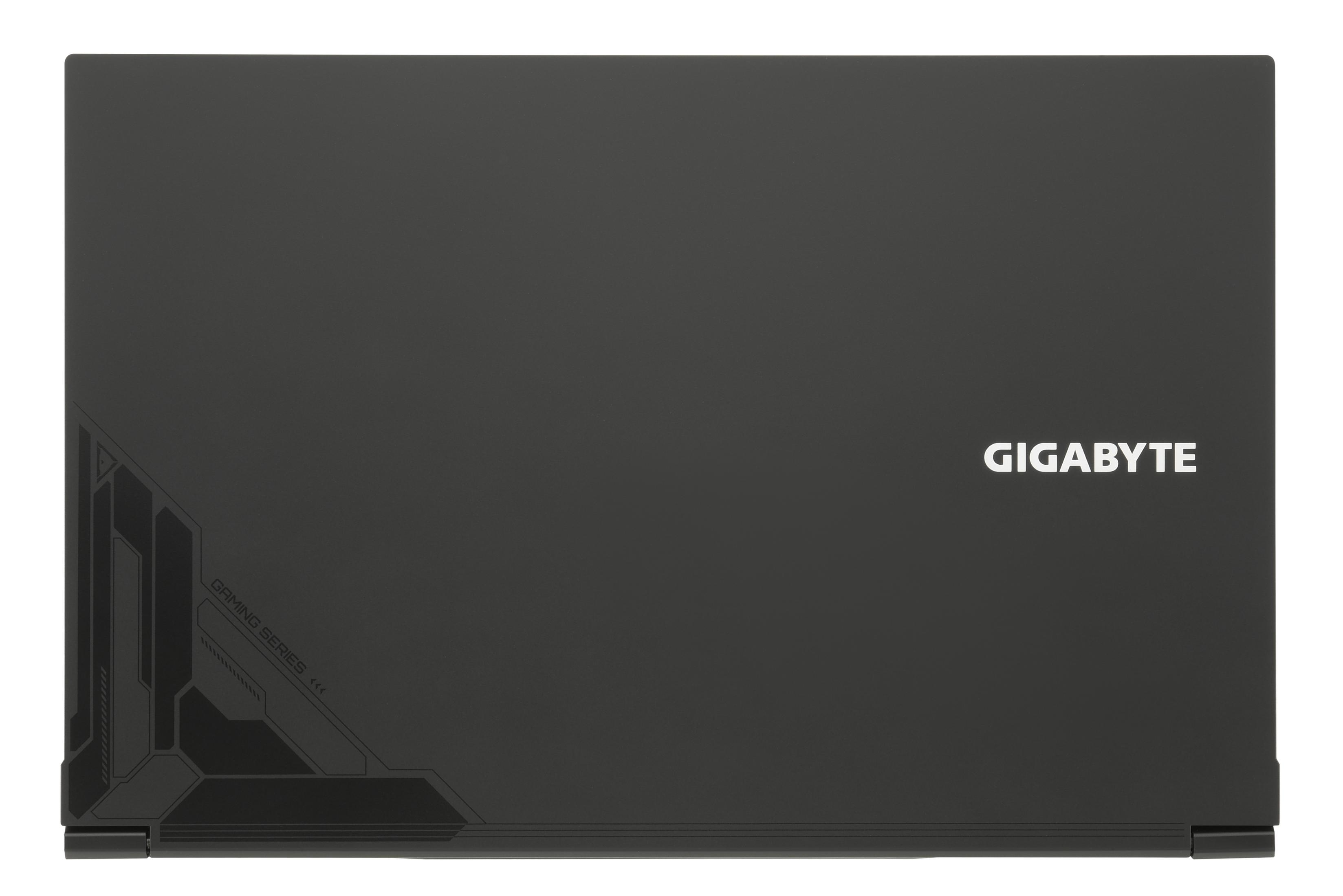 Draufsicht auf einen schwarzen Laptop mit 'GIGABYTE'.
