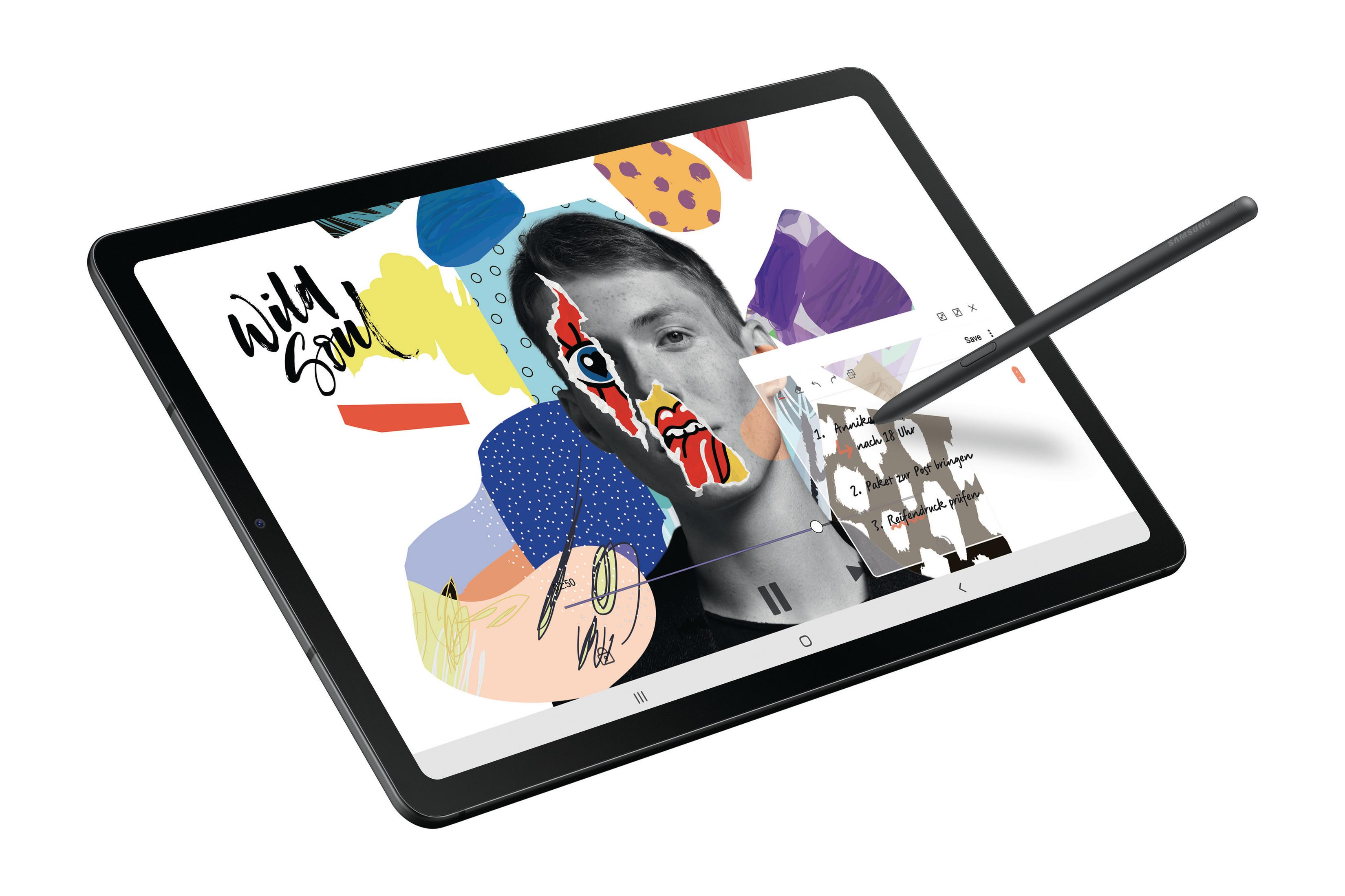 Tablet mit Kunstwerk auf dem Bildschirm, Stift daneben, weißer Hintergrund.