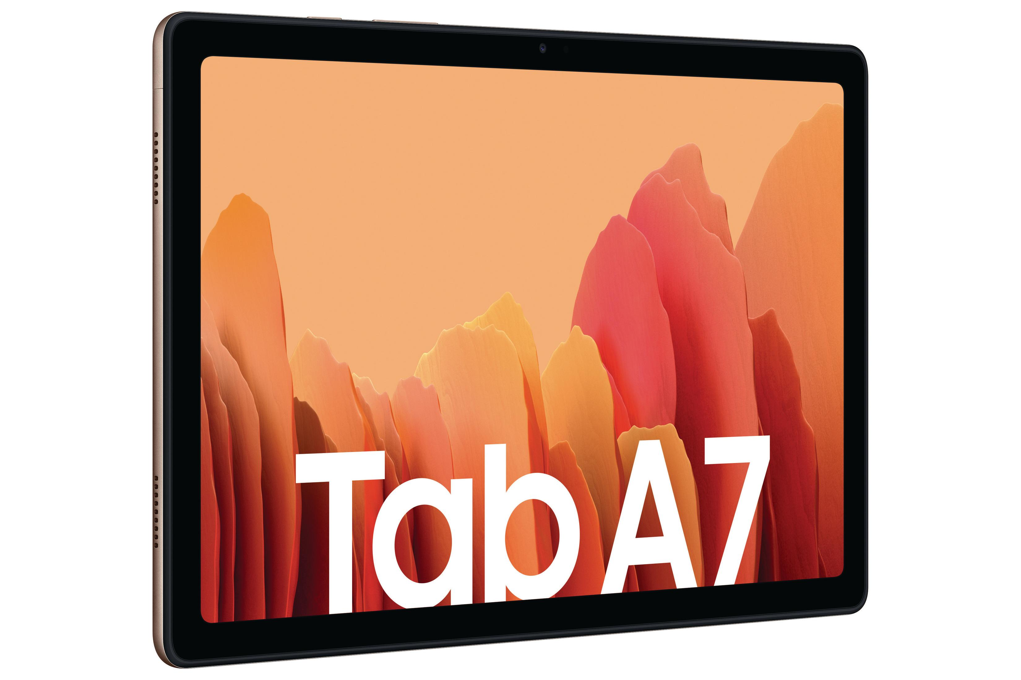 Tablet mit farbenfrohem Bildschirm, mit Text "Tab A7"