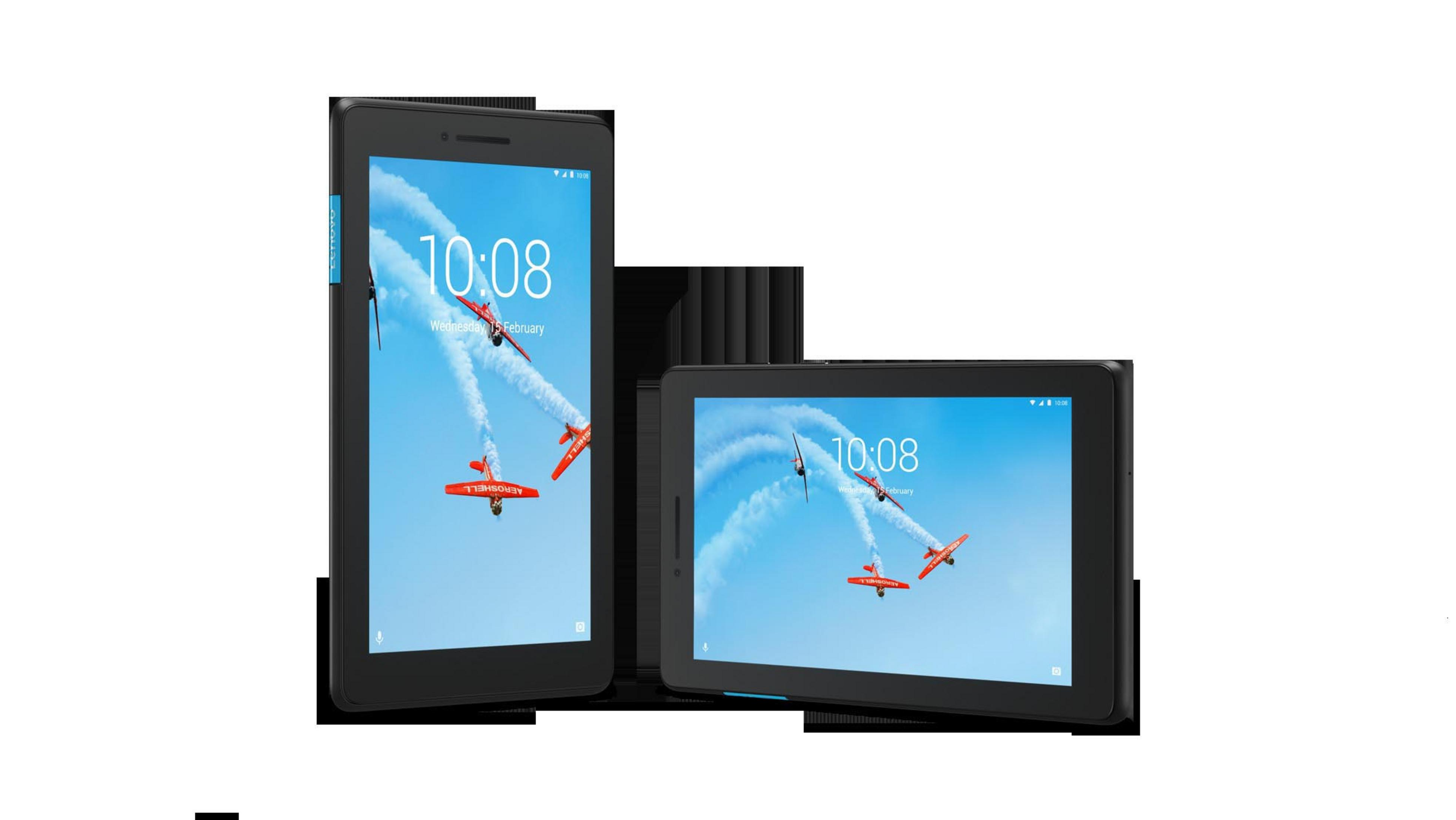Zwei Tablets mit gleichem Bildschirm, Zeit und Flugzeuge zeigend. Weißer Hintergrund.