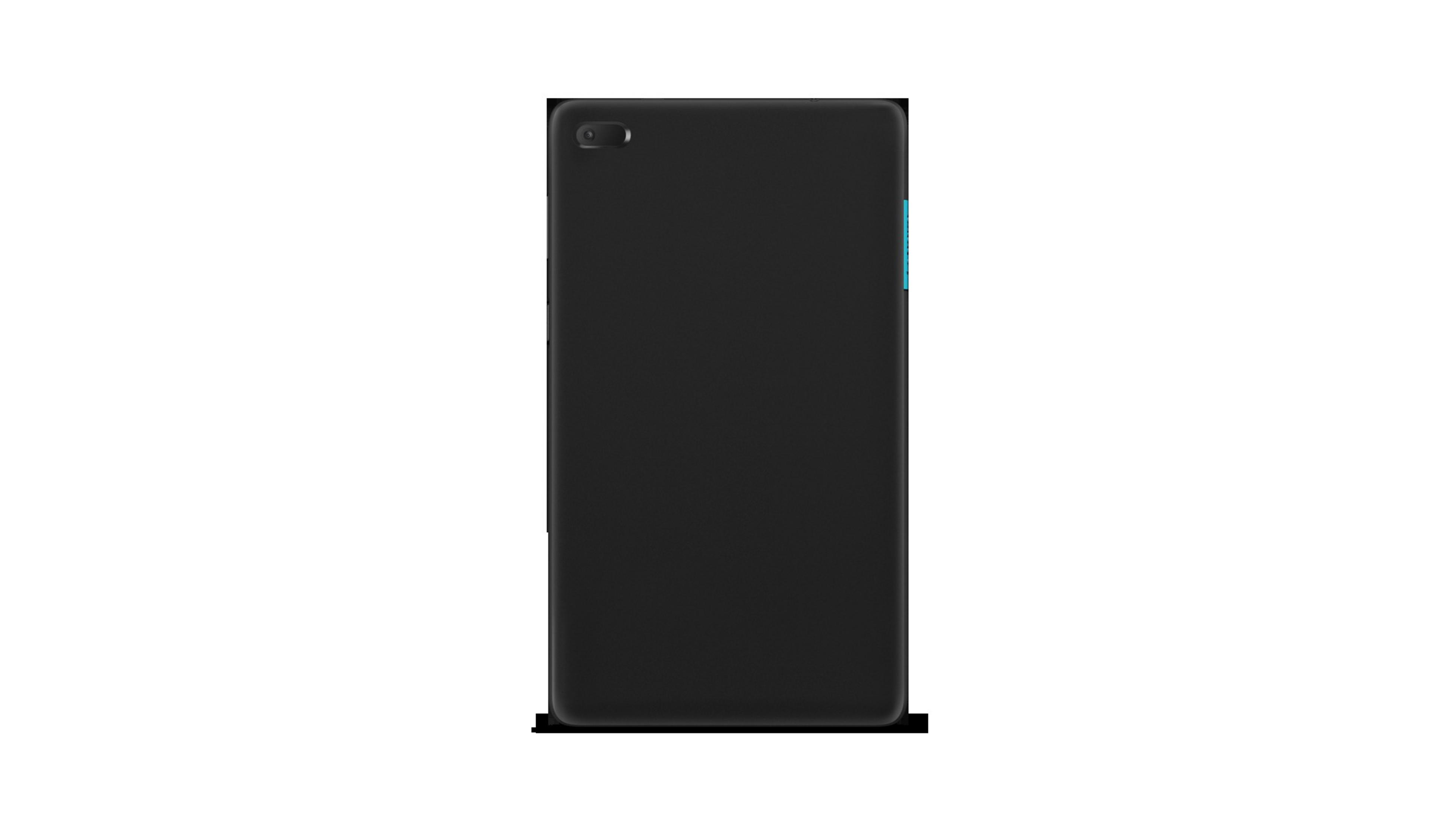 Schwarzes Tablet, Rückansicht, mit Kamera und hellblauem Akzent auf weißem Hintergrund.