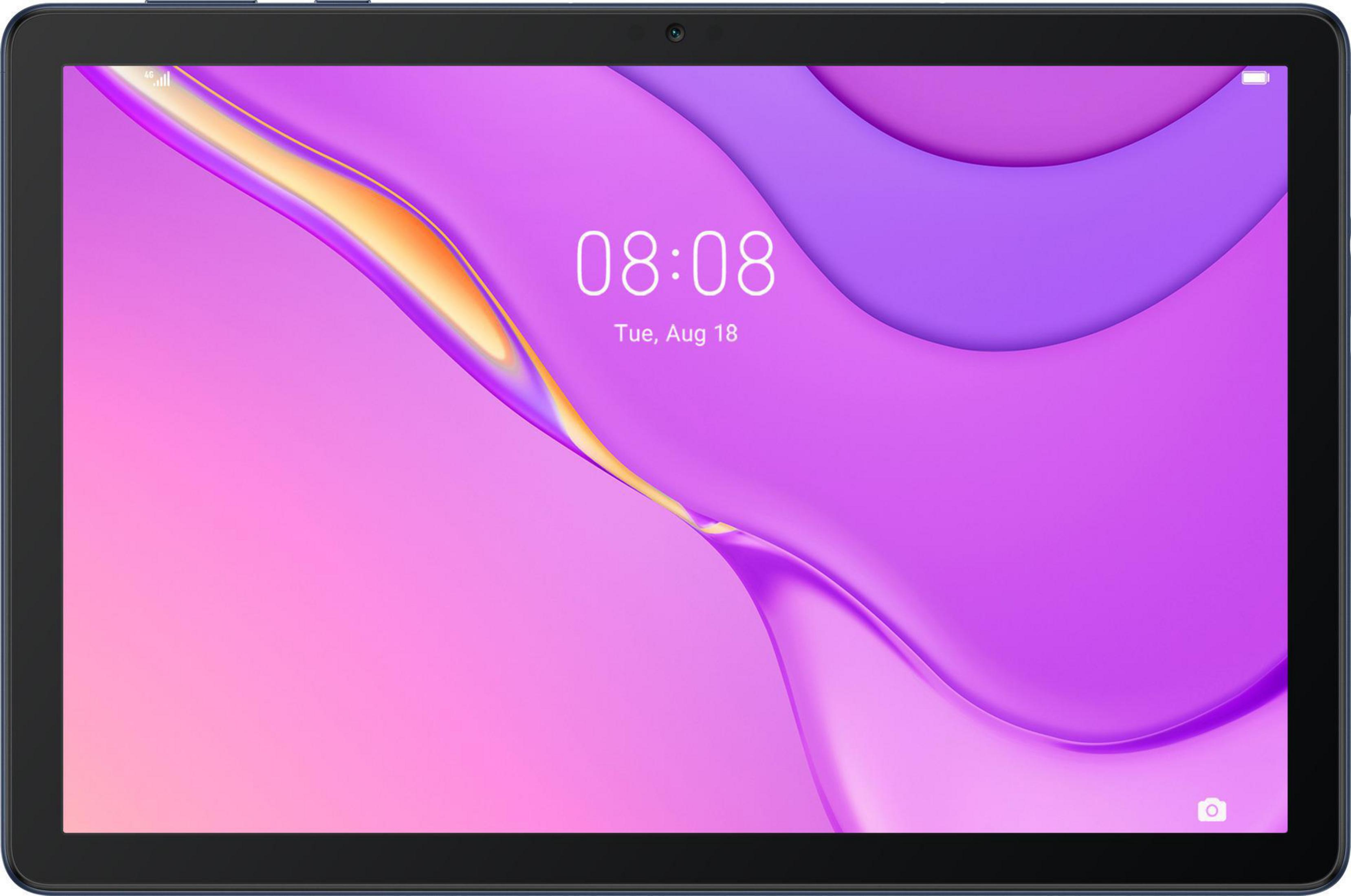 Ein Tablet mit blauem Rahmen zeigt einen lila und rosa Farbverlauf, die Uhrzeit anzeigend.